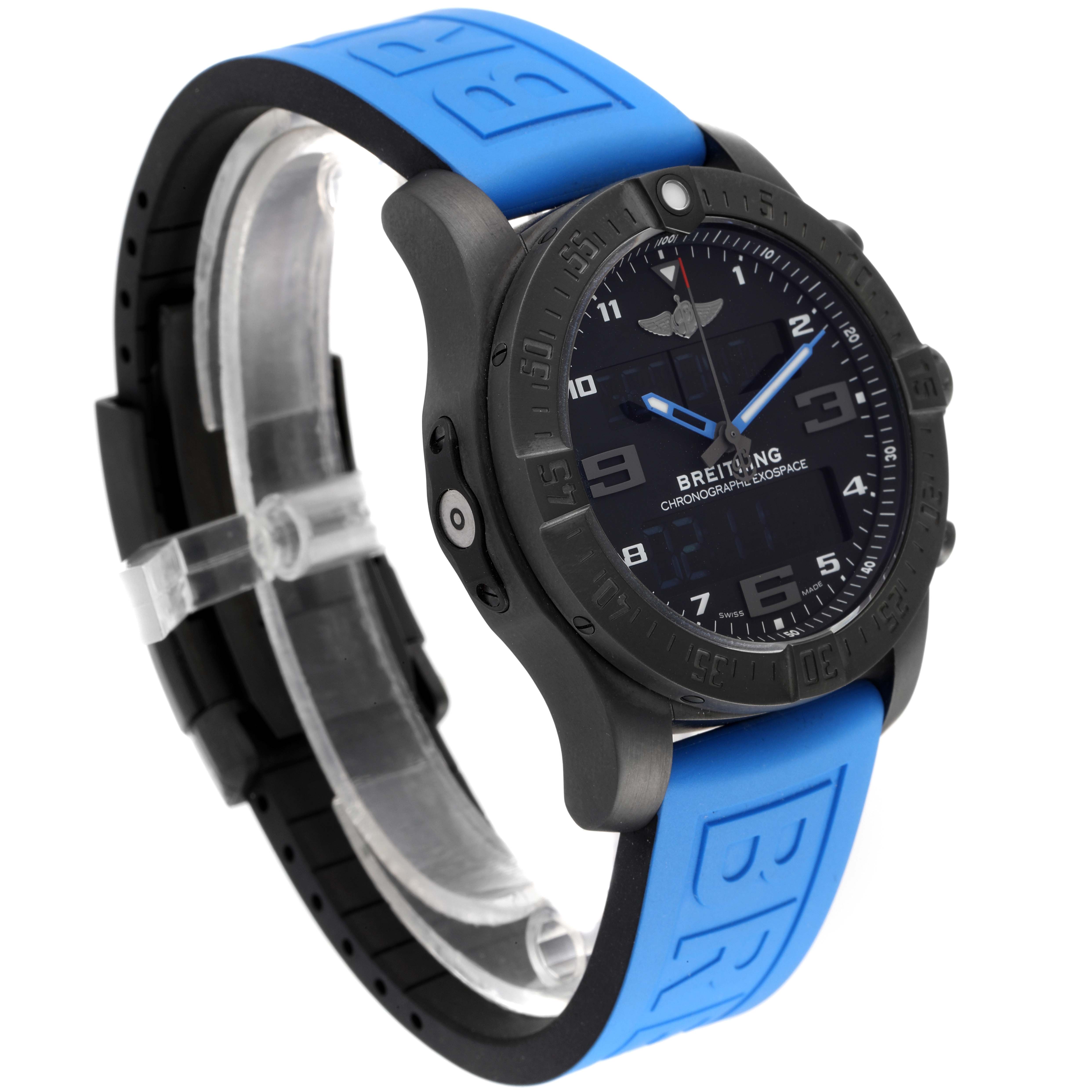 This Breitling Professional Series VB5510 Men's Titanium Black Dial VB5510 Men's Titanium Black Dial watch is shown at an angle highlighting its face, bezel, and blue strap.