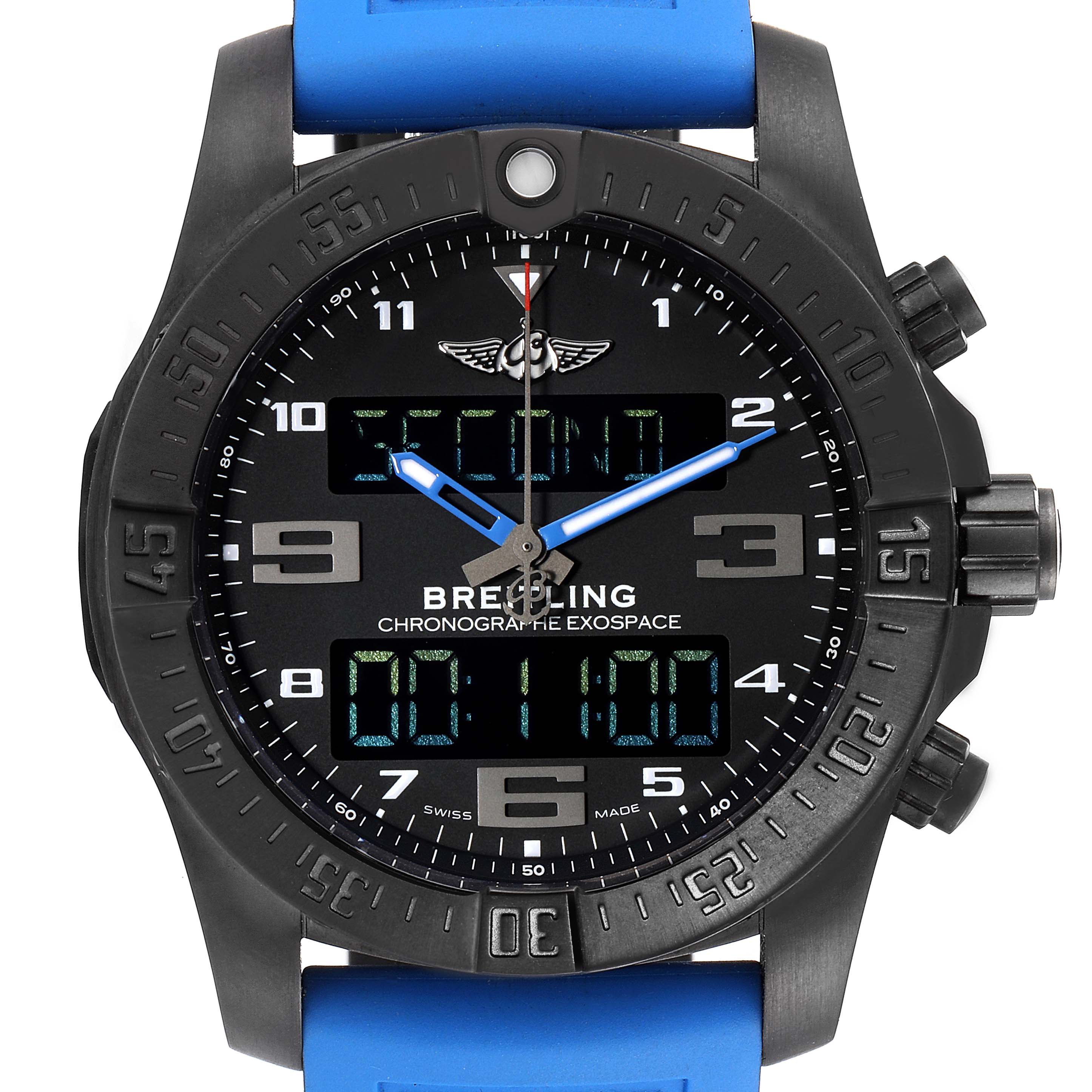 The image shows a front view of a Breitling Professional Series VB5510 Men's Titanium Black Dial VB5510 Men's Titanium Black Dial Chronographe Exospace watch with blue straps and black dial.