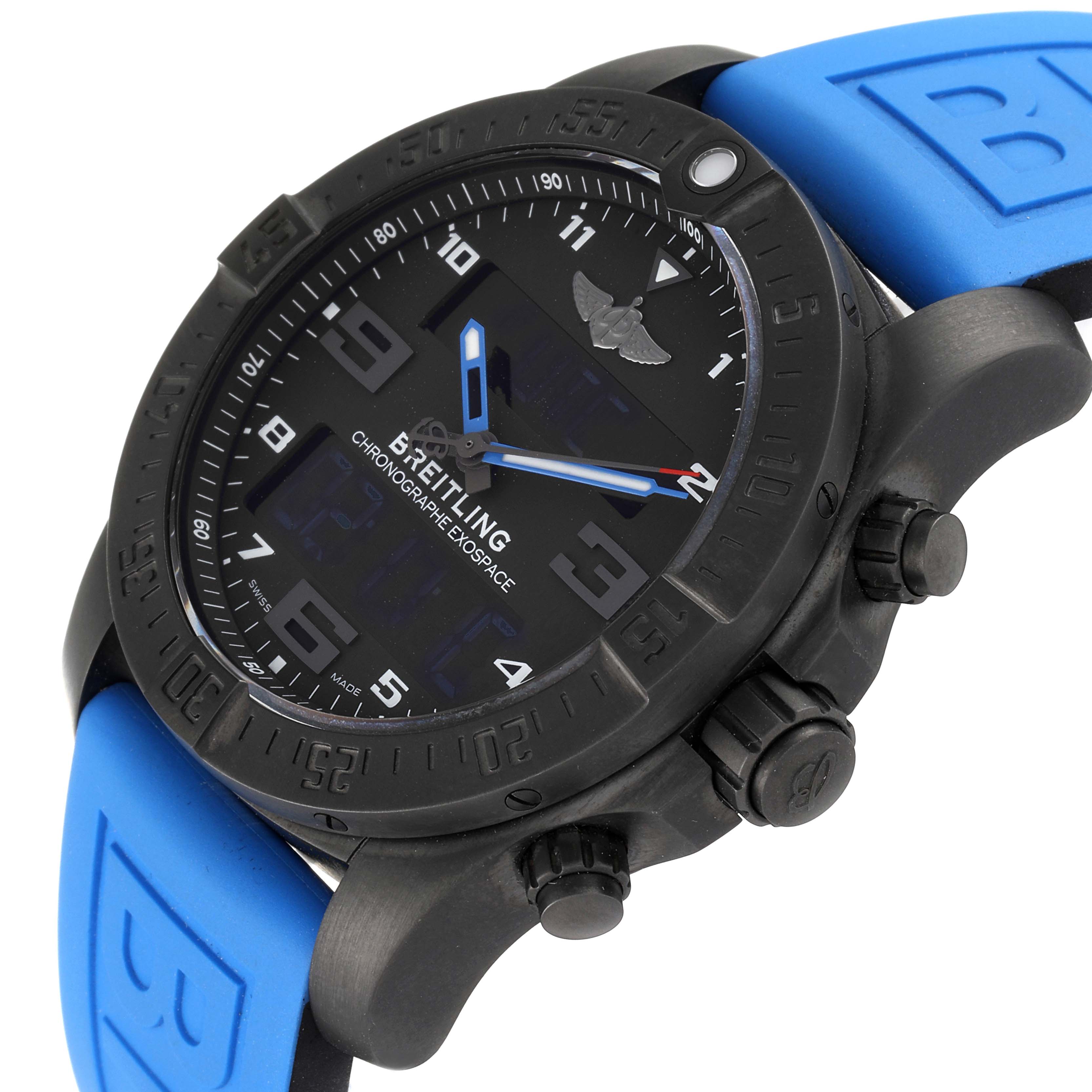 The image shows a Breitling Professional Series VB5510 Men's Titanium Black Dial VB5510 Men's Titanium Black Dial watch at an angle, highlighting its black dial, black bezel, blue hands, and blue strap.