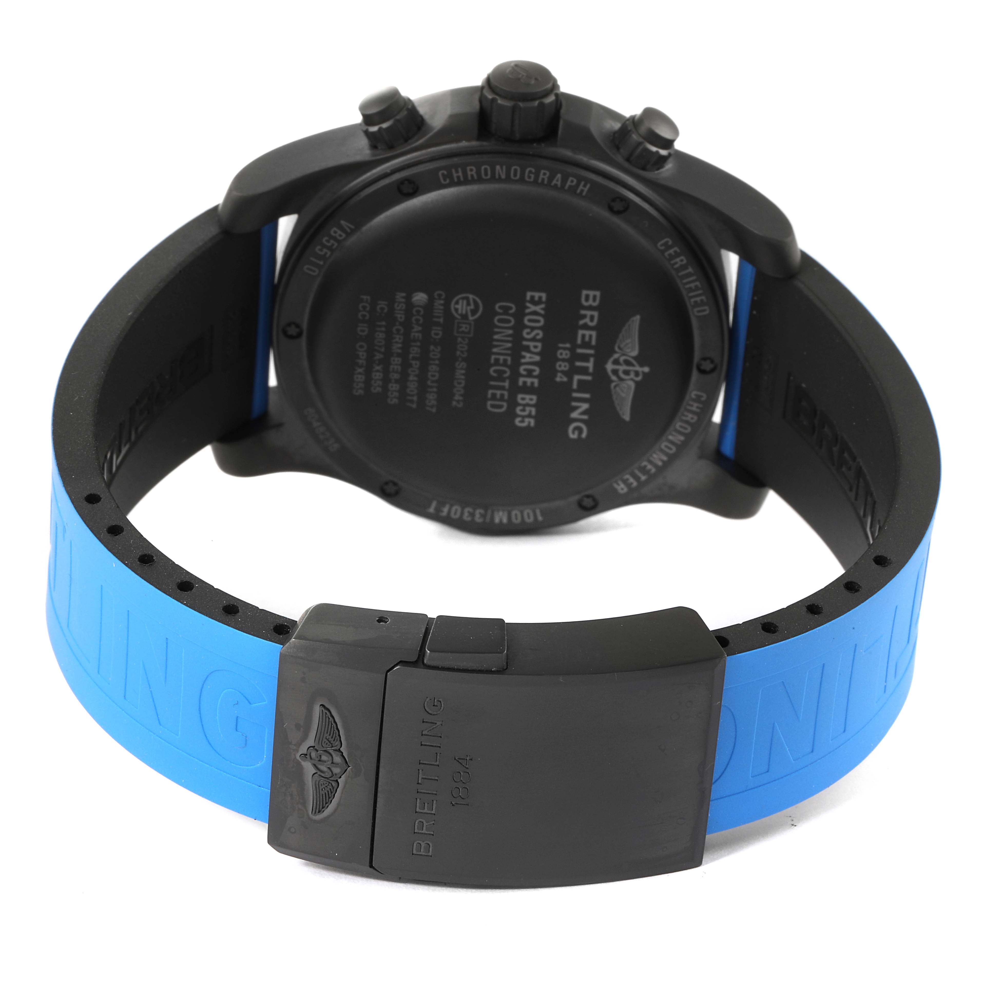 This image shows the rear view of a Breitling Professional Series VB5510 Men's Titanium Black Dial VB5510 Men's Titanium Black Dial watch, highlighting the back case and blue strap with clasp.