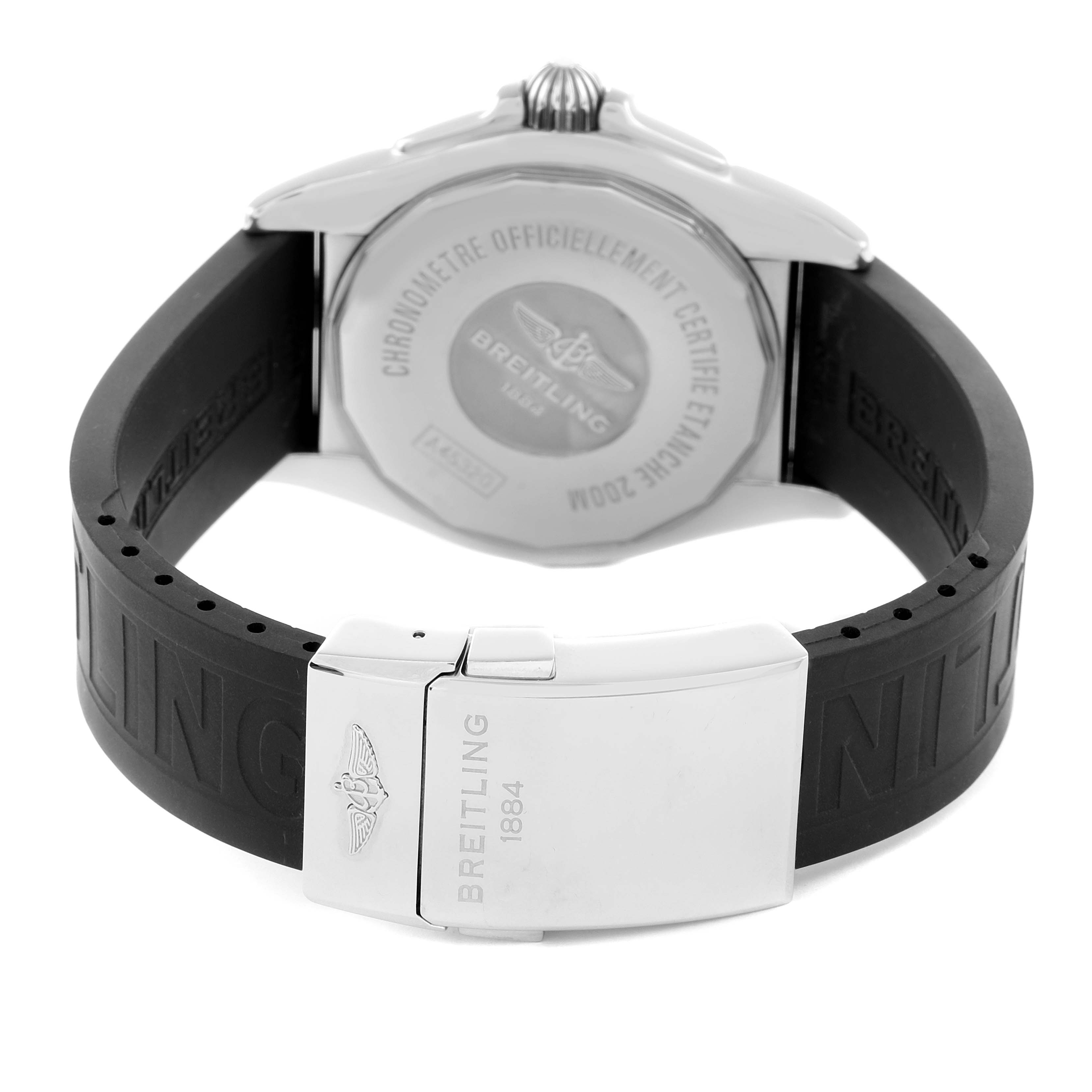 The image shows the back of a Breitling Galactic A45320 Men
s Stainless Steel Silver Dial watch, highlighting the case back, clasp, and rubber strap.