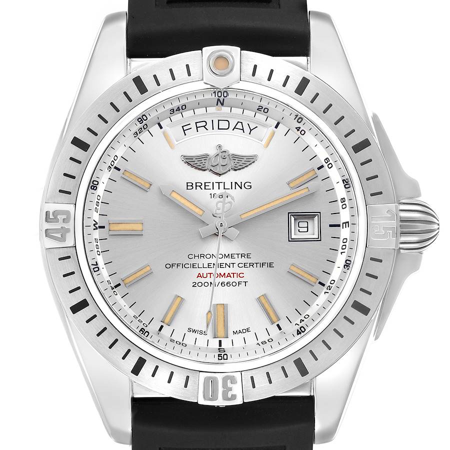 The Breitling Galactic A45320 Men's Stainless Steel Silver Dial watch is shown from a front angle, displaying its dial, bezel, and part of the strap.