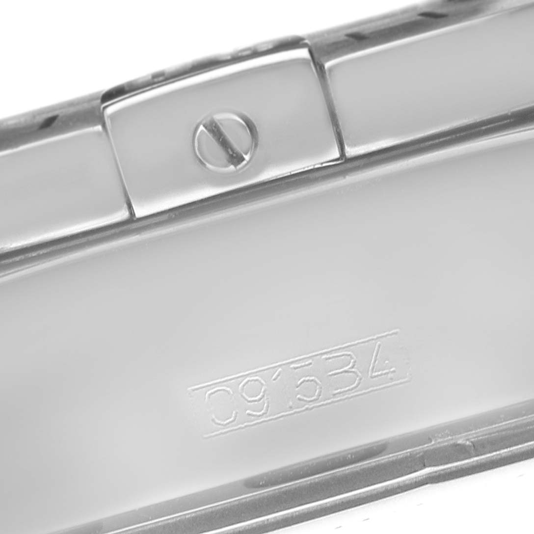 The image shows a close-up of the clasp and part of the bracelet of a Breitling Galactic A45320 Men
s Stainless Steel Silver Dial watch.