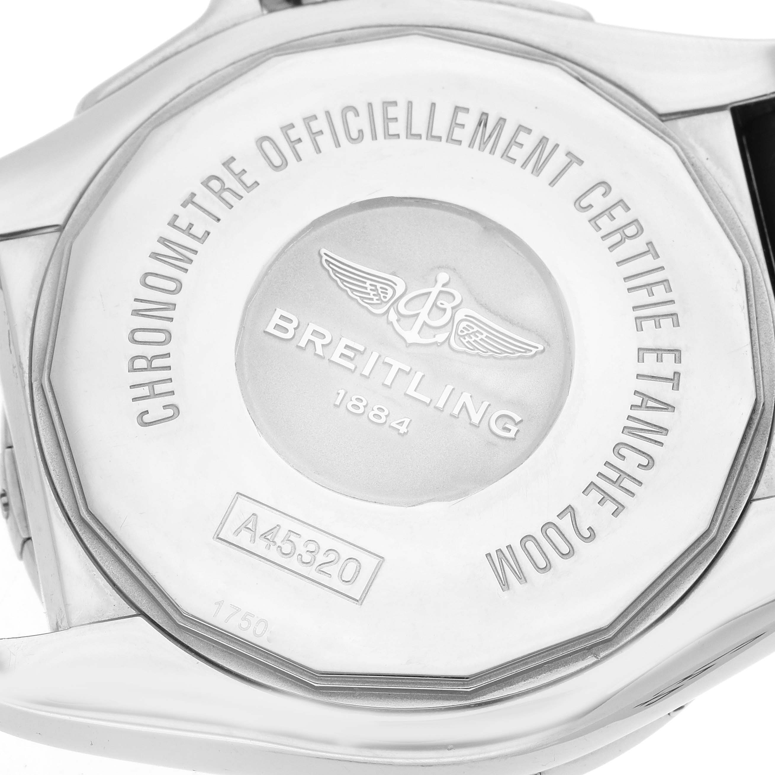 The image shows the back case of the Breitling Galactic A45320 Men
s Stainless Steel Silver Dial watch, highlighting the engraved branding and specifications.