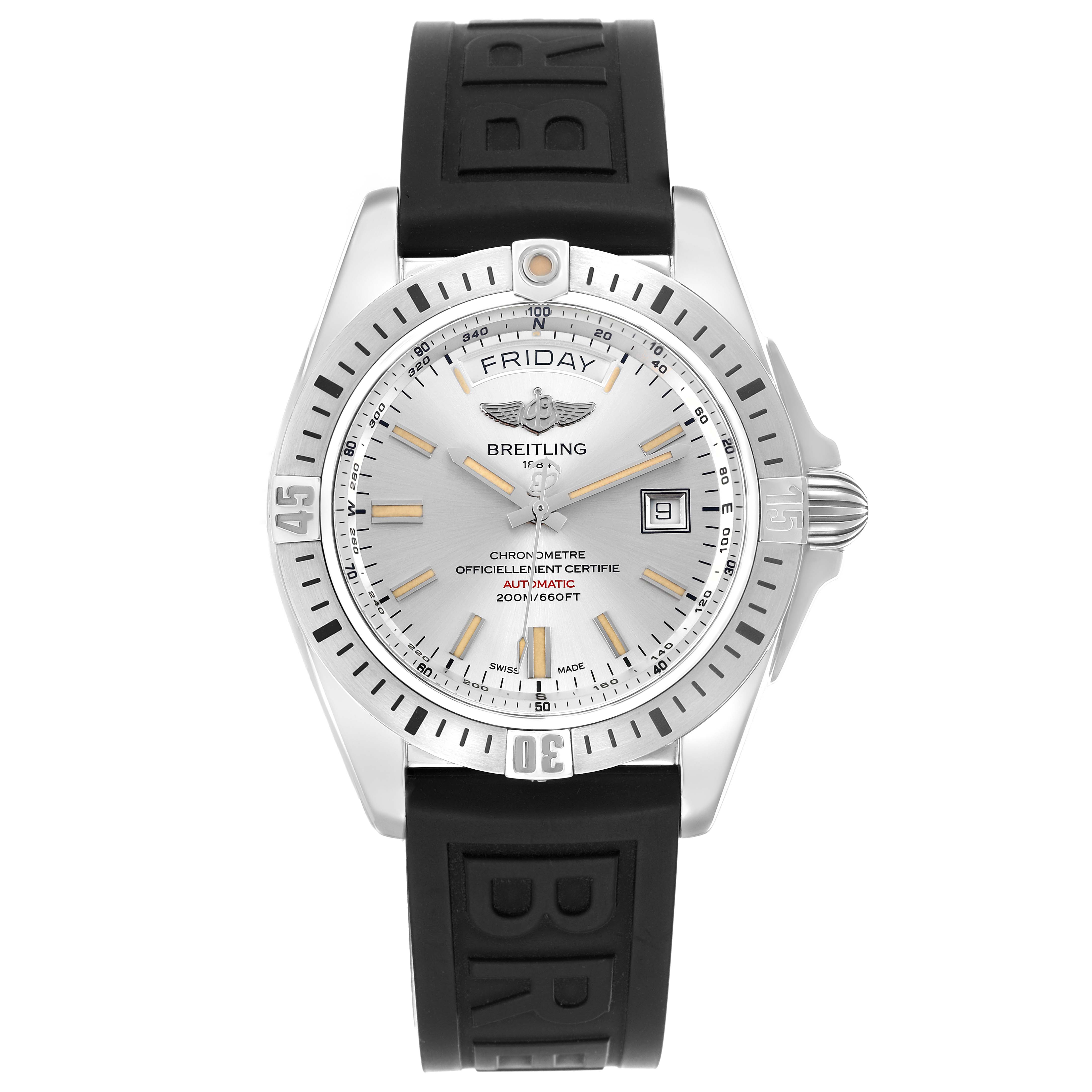 The Breitling Galactic A45320 Men
s Stainless Steel Silver Dial watch is shown from a front angle, displaying its dial, bezel, case, and rubber strap.
