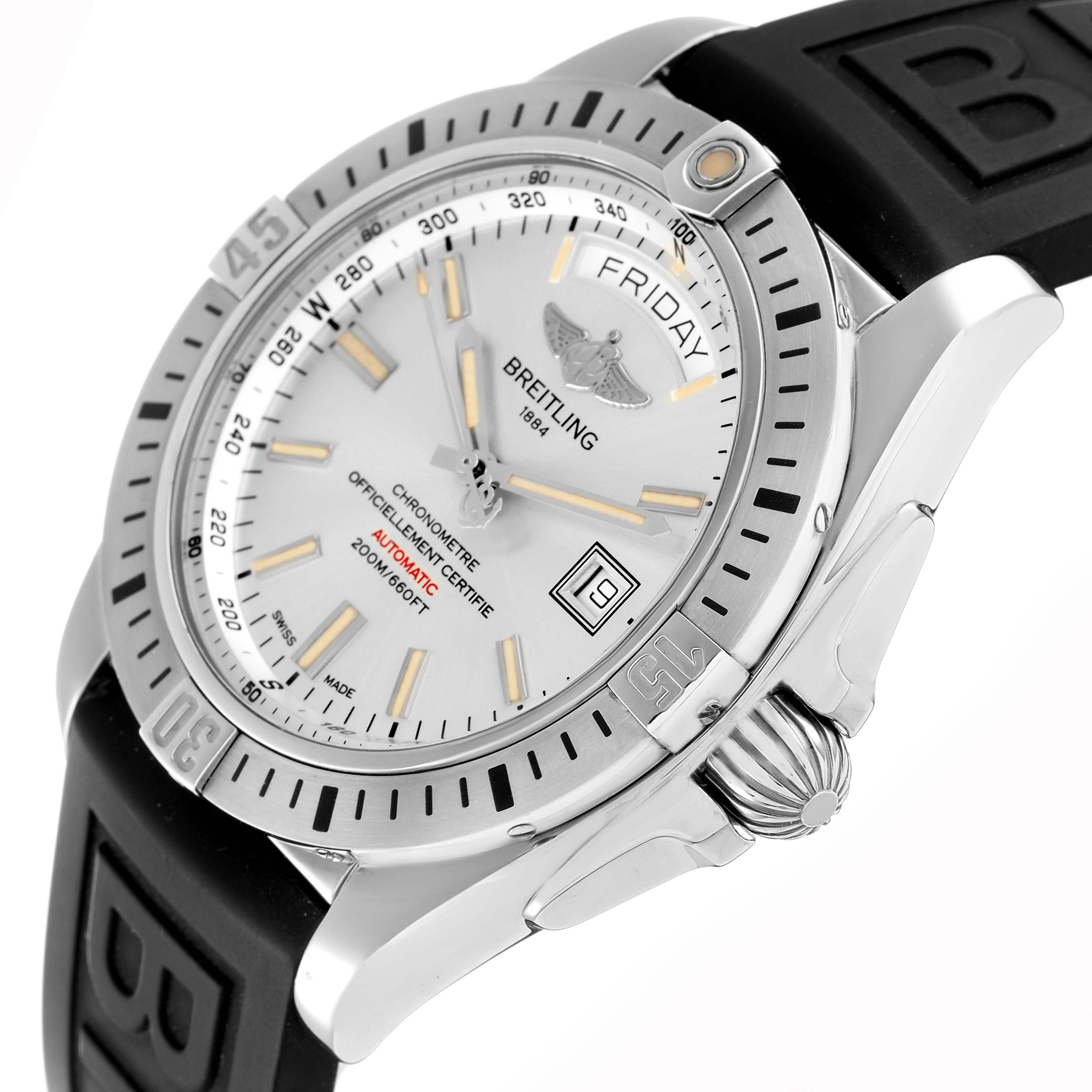 The Breitling Galactic A45320 Men
s Stainless Steel Silver Dial watch is shown from a three-quarter angle, highlighting the dial, bezel, crown, and part of the strap.