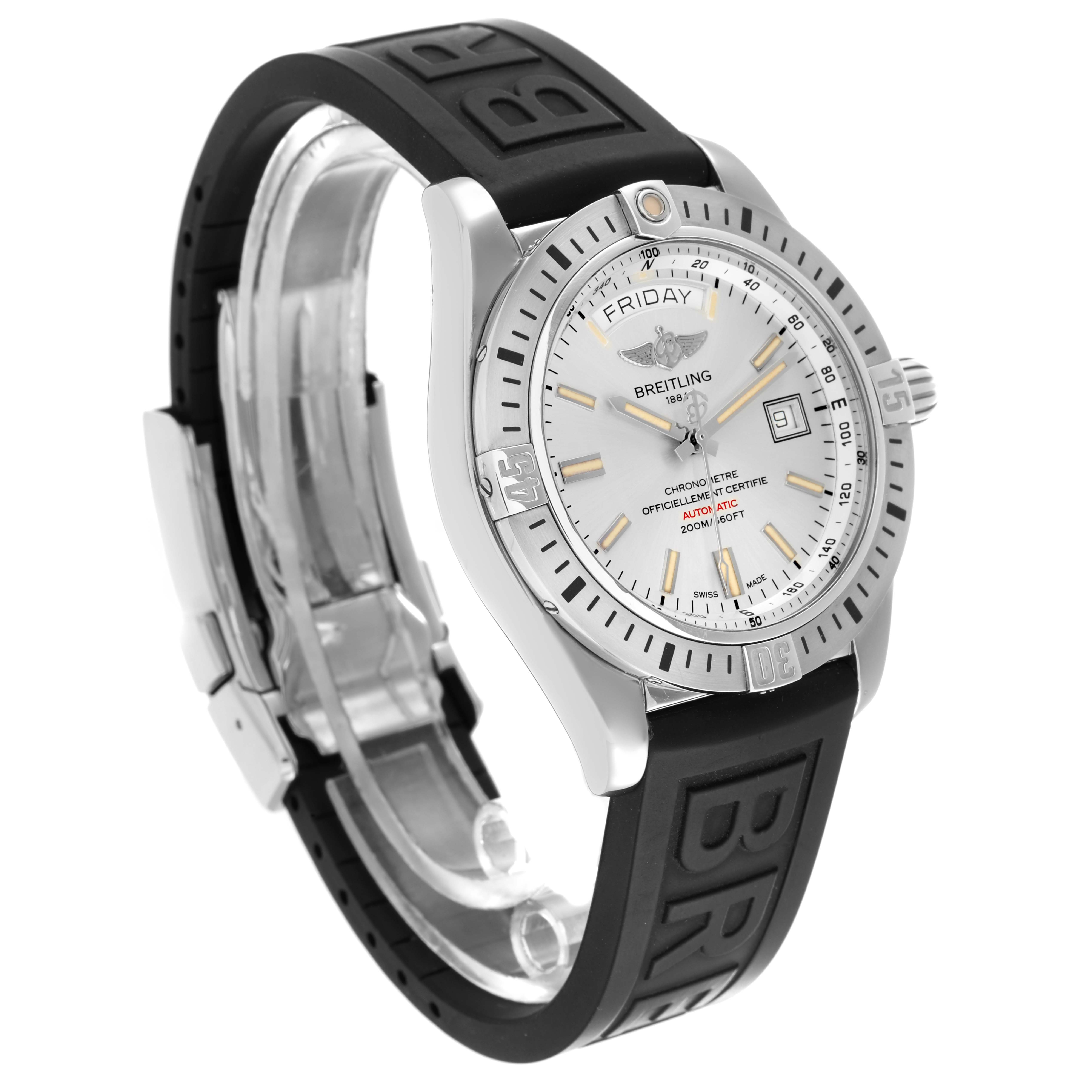 The Breitling Galactic A45320 Men
s Stainless Steel Silver Dial watch is shown from a three-quarter angle, highlighting its dial, bezel, case, and black strap.