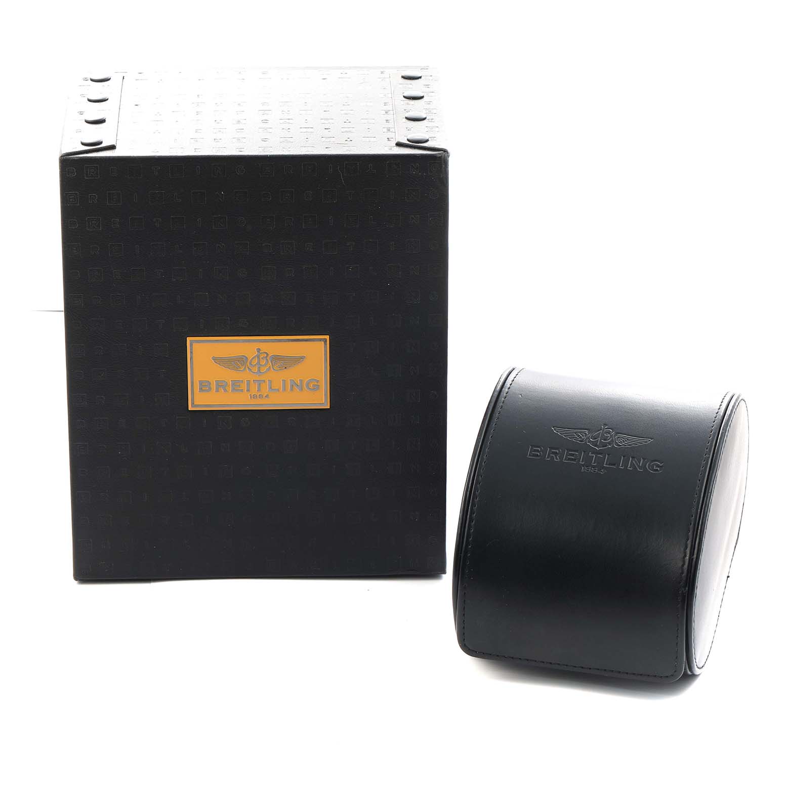 The image shows a Breitling Galactic A45320 Men
s Stainless Steel Silver Dial watch box and a black leather case, displayed from a front angle.