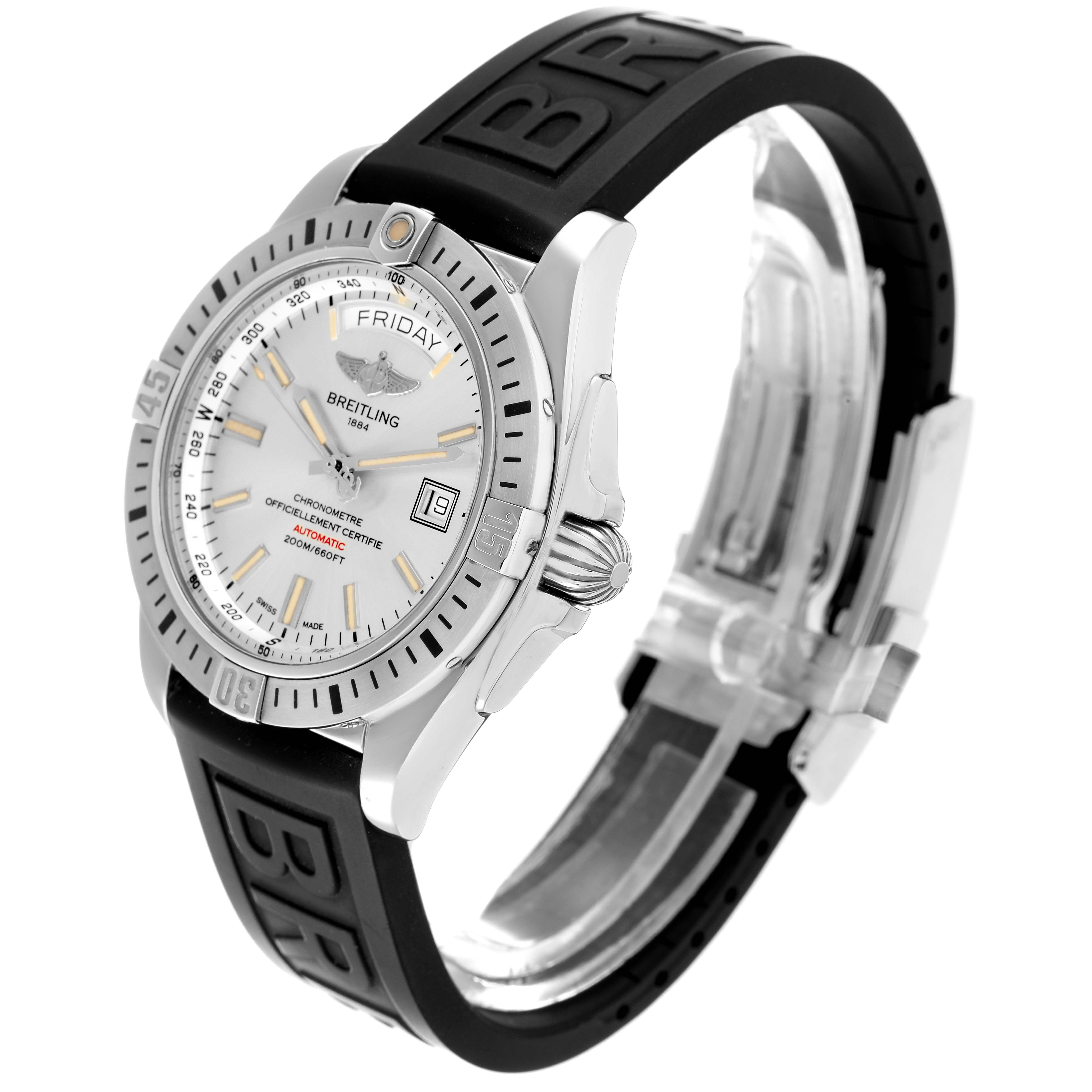 The Breitling Galactic A45320 Men
s Stainless Steel Silver Dial watch is angled to show the dial, bezel, crown, and rubber strap with "BREITLING" embossed.