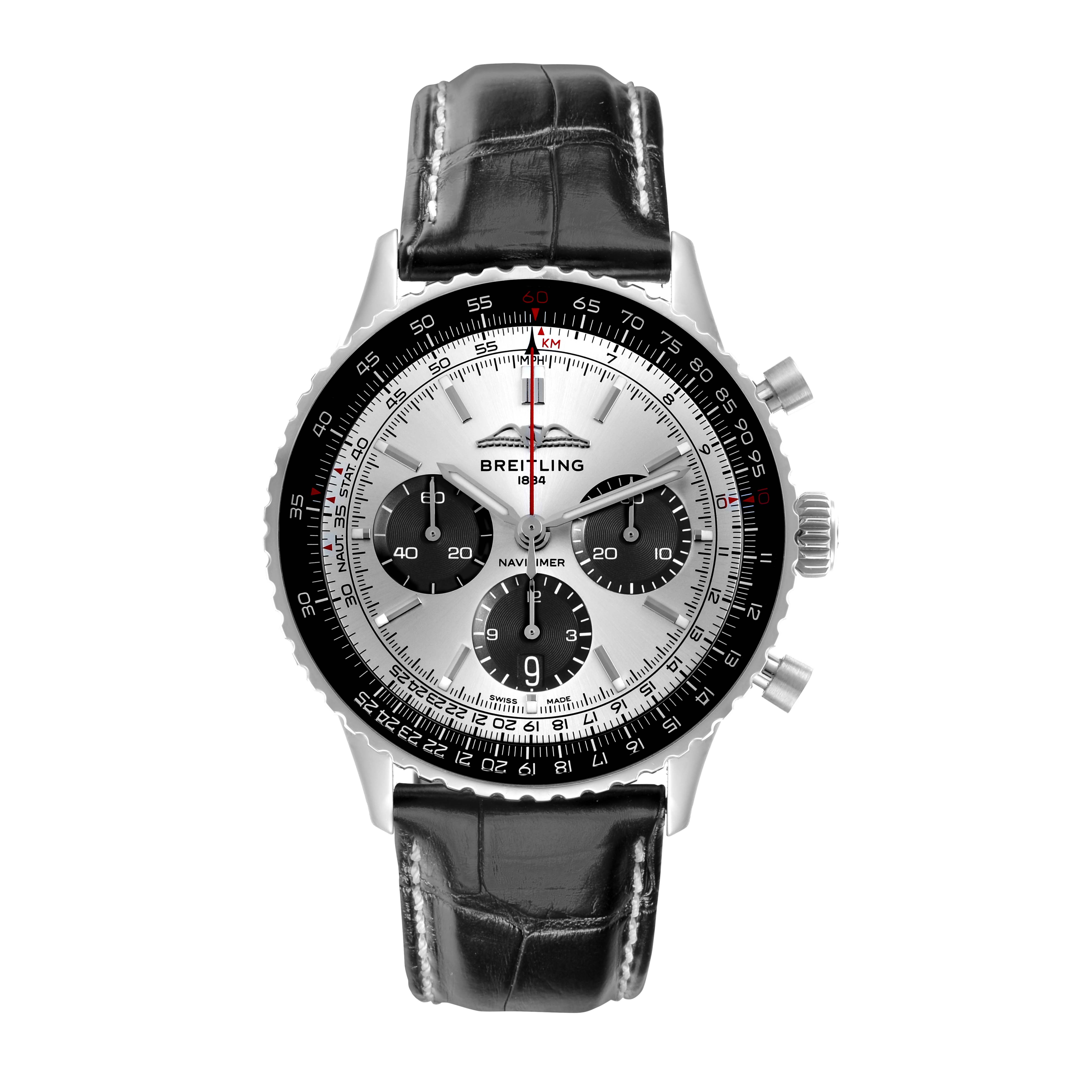 The Breitling Navitimer AB0138 Men
s Stainless Steel Silver Dial watch is shown from a top view, displaying its face, bezel, subdials, and leather strap.
