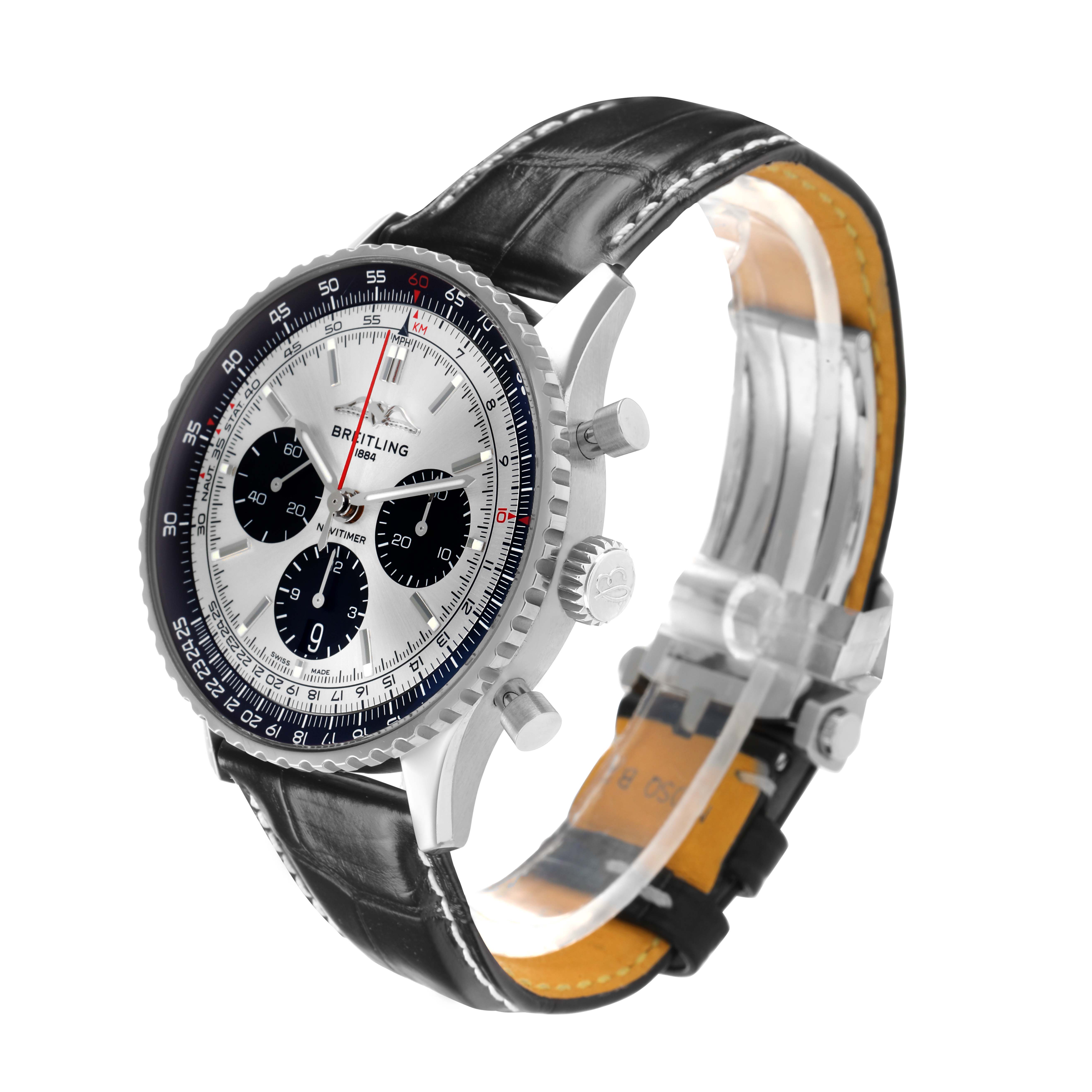The Breitling Navitimer AB0138 Men
s Stainless Steel Silver Dial watch is shown at a three-quarter angle, highlighting the dial, bezels, crown, pushers, and leather strap.
