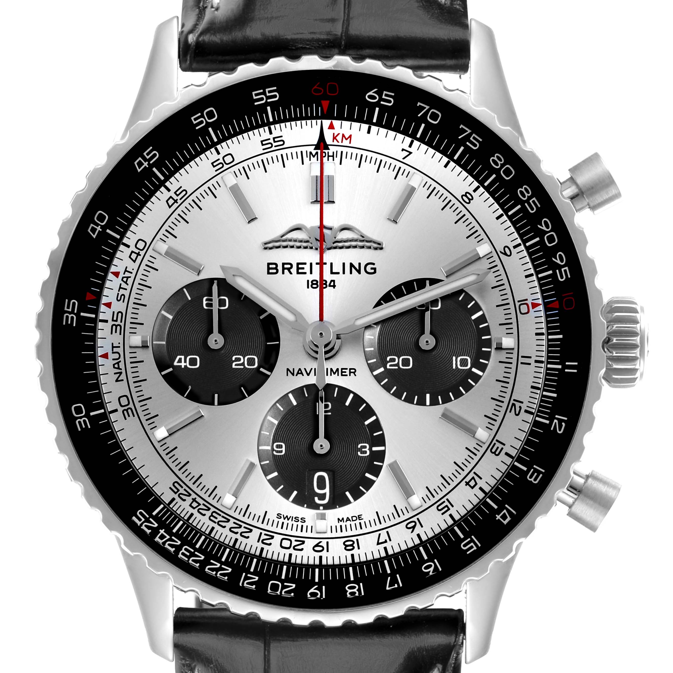 The Breitling Navitimer AB0138 Men
s Stainless Steel Silver Dial watch is shown from the front, highlighting the bezel, dial, subdials, and crown.