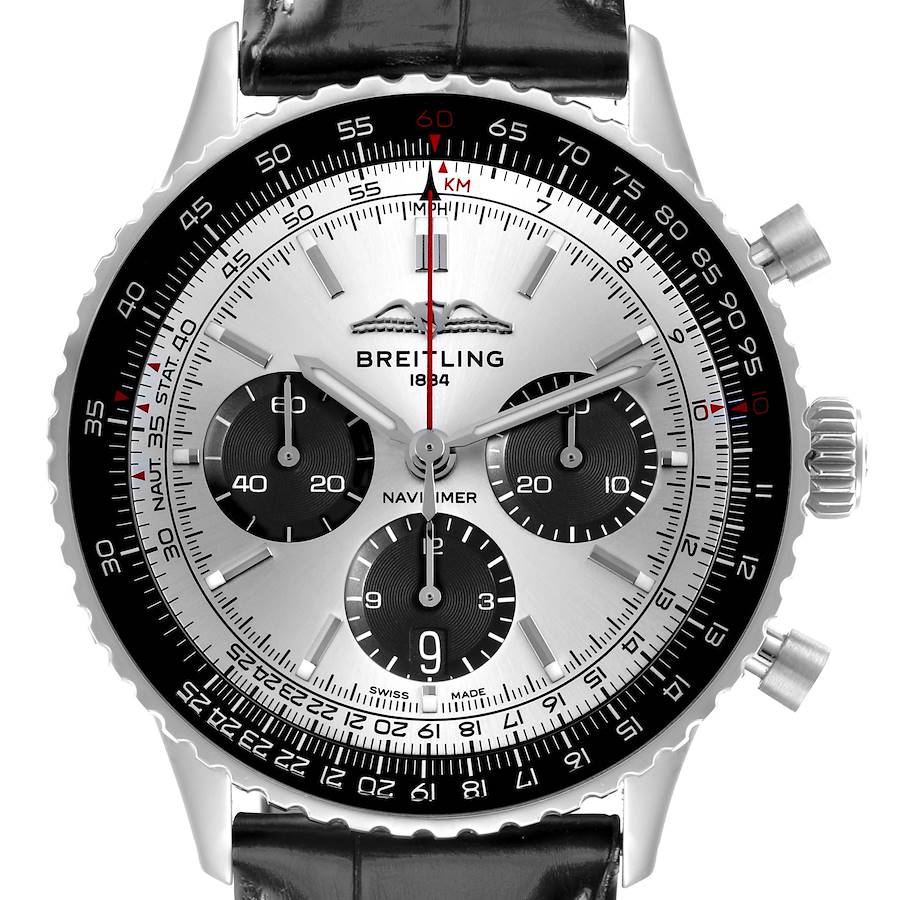 The Breitling Navitimer AB0138 Men's Stainless Steel Silver Dial watch is shown from the front, highlighting the bezel, dial, subdials, and crown.