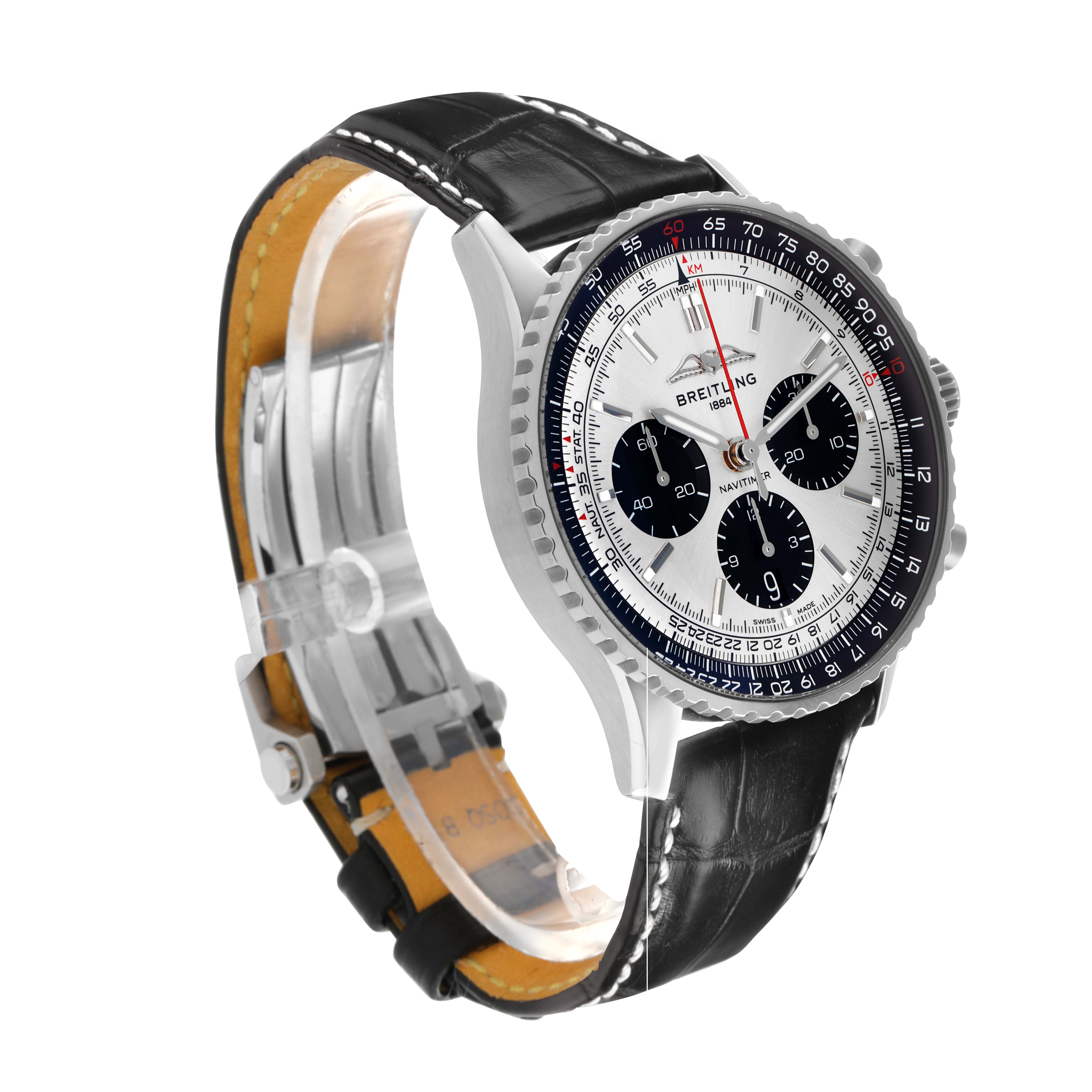 The Breitling Navitimer AB0138 Men
s Stainless Steel Silver Dial is shown from a front-side angle, highlighting the face, bezel, and leather strap.