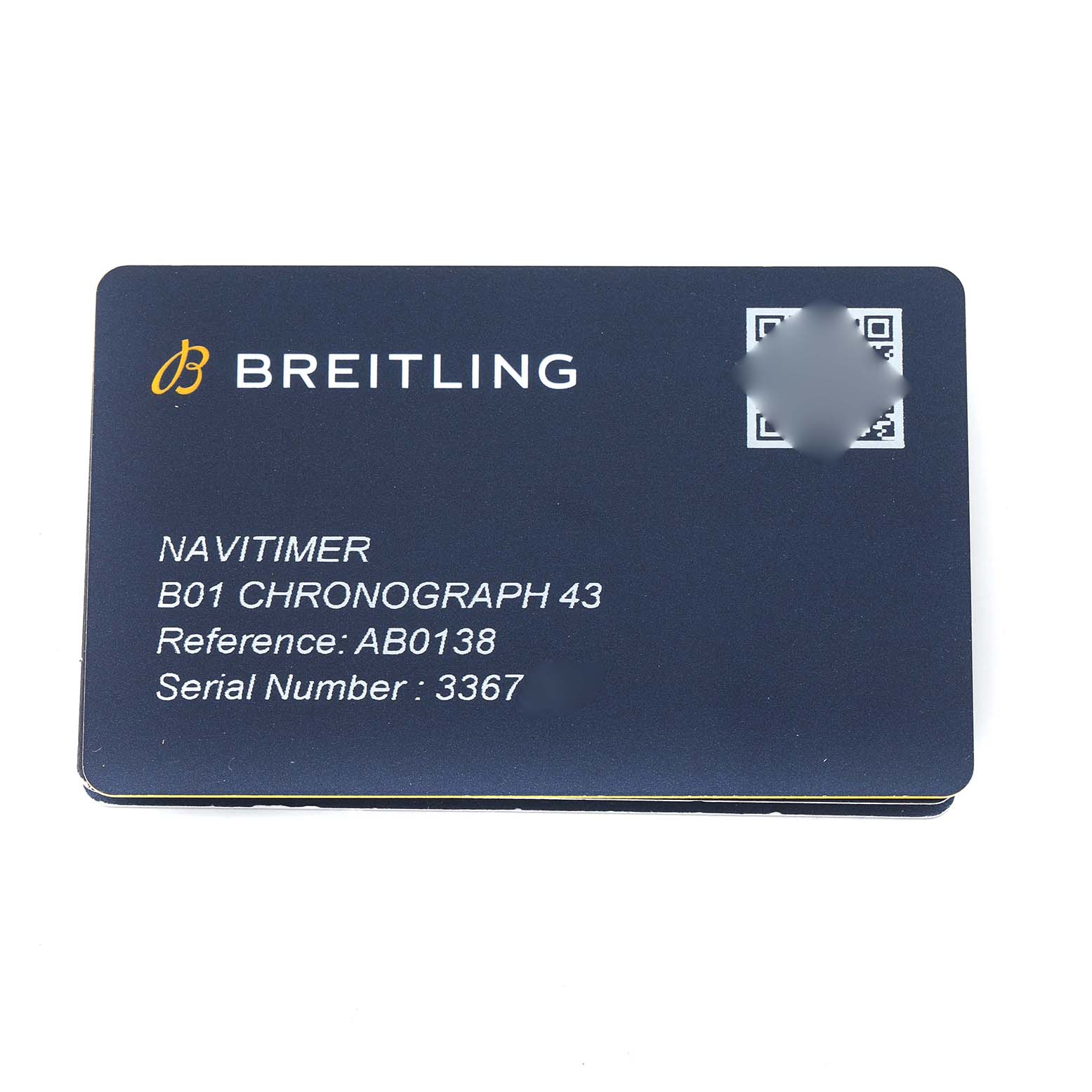The image shows a Breitling Navitimer AB0138 Men
s Stainless Steel Silver Dial B01 Chronograph 43 information card, viewed from the front.