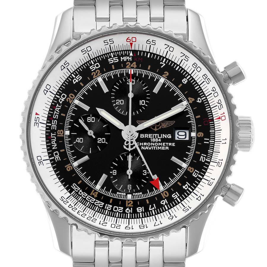 The Breitling Navitimer A24322 Men's Stainless Steel Black Dial watch is shown from the front, displaying the dial, bezel, and part of the bracelet.