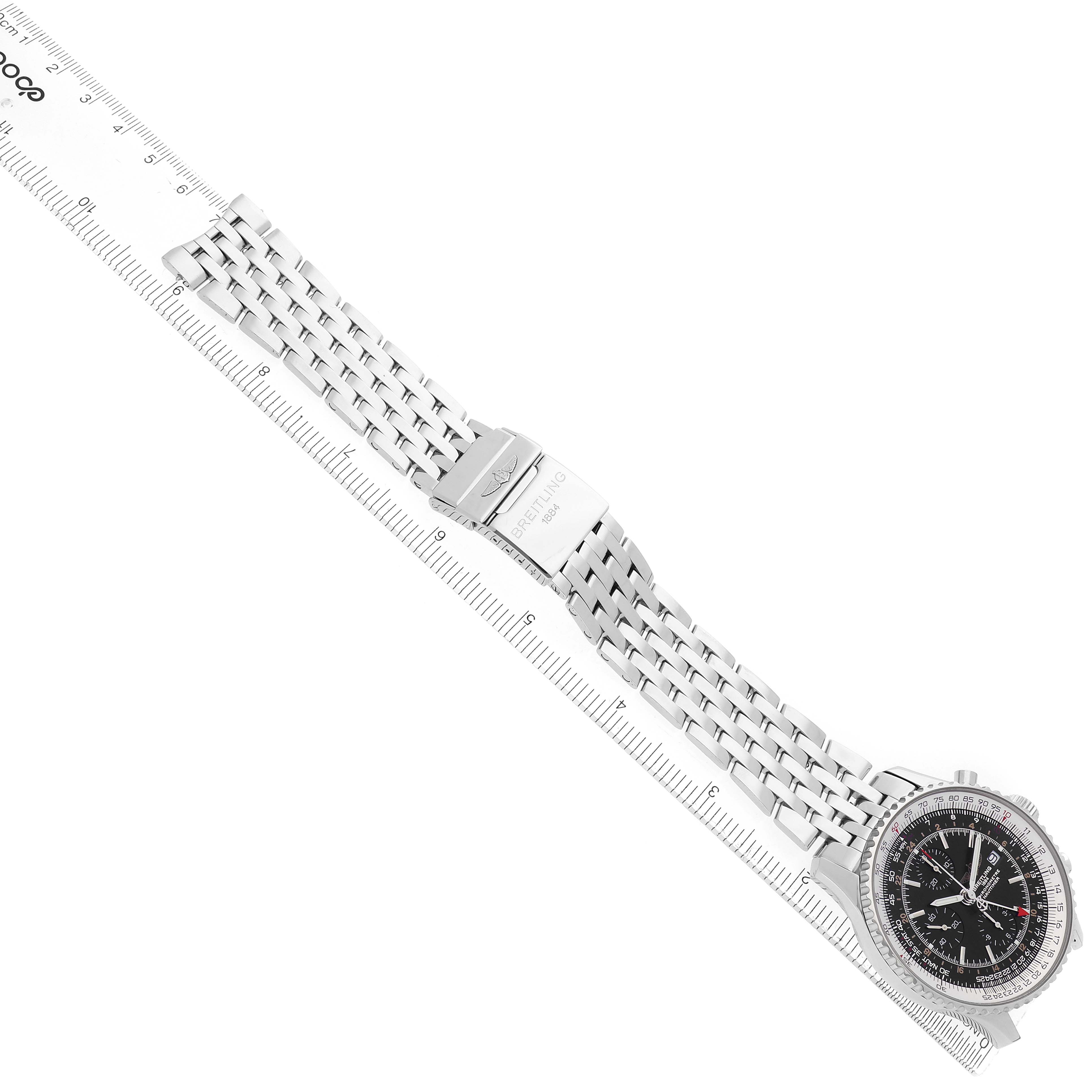 The Breitling Navitimer A24322 Men
s Stainless Steel Black Dial watch is shown from a top-down angle, displaying the face, bezel, and bracelet with a clasp.