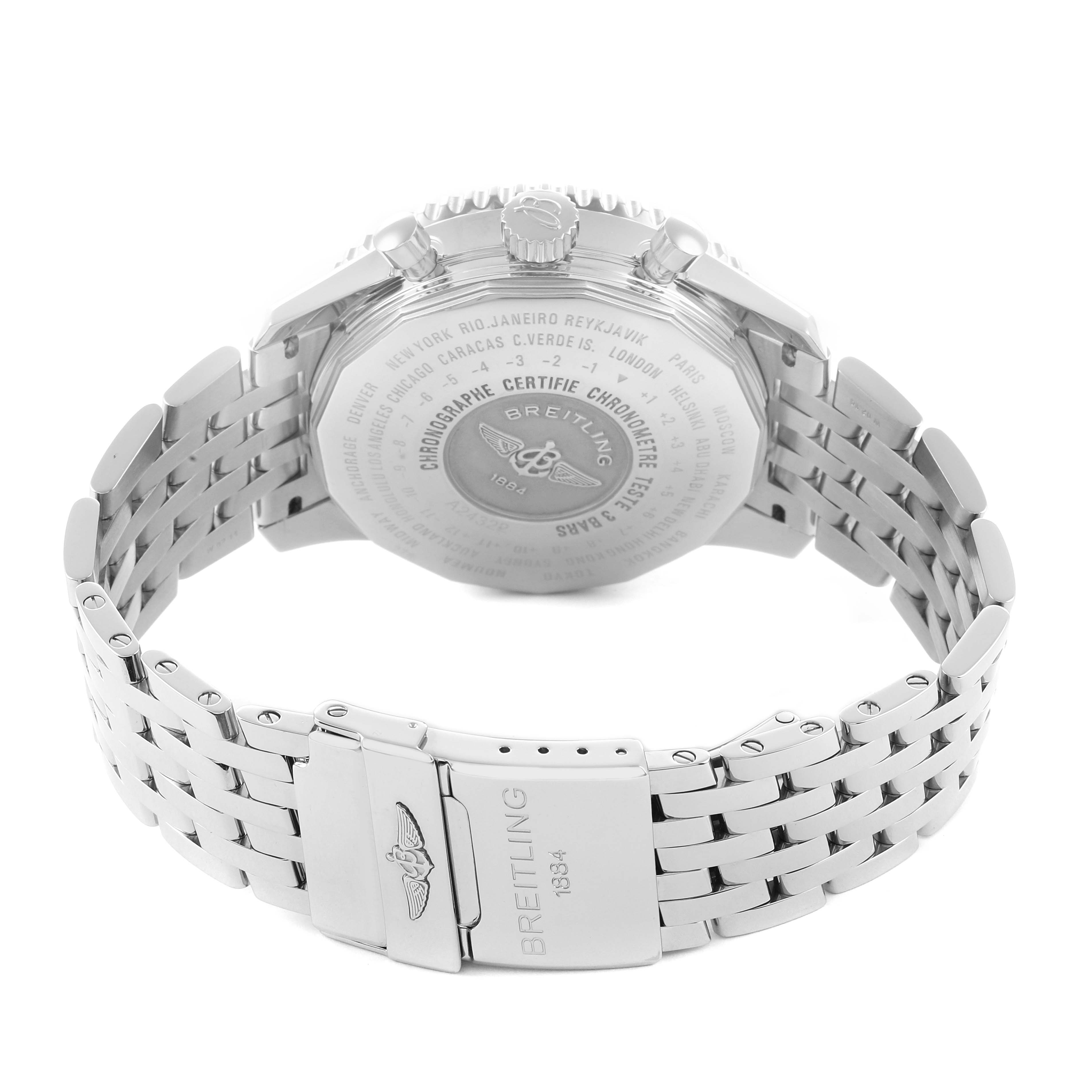 The image shows the Breitling Navitimer A24322 Men
s Stainless Steel Black Dial watch from the back, highlighting the case back, bracelet, and clasp.