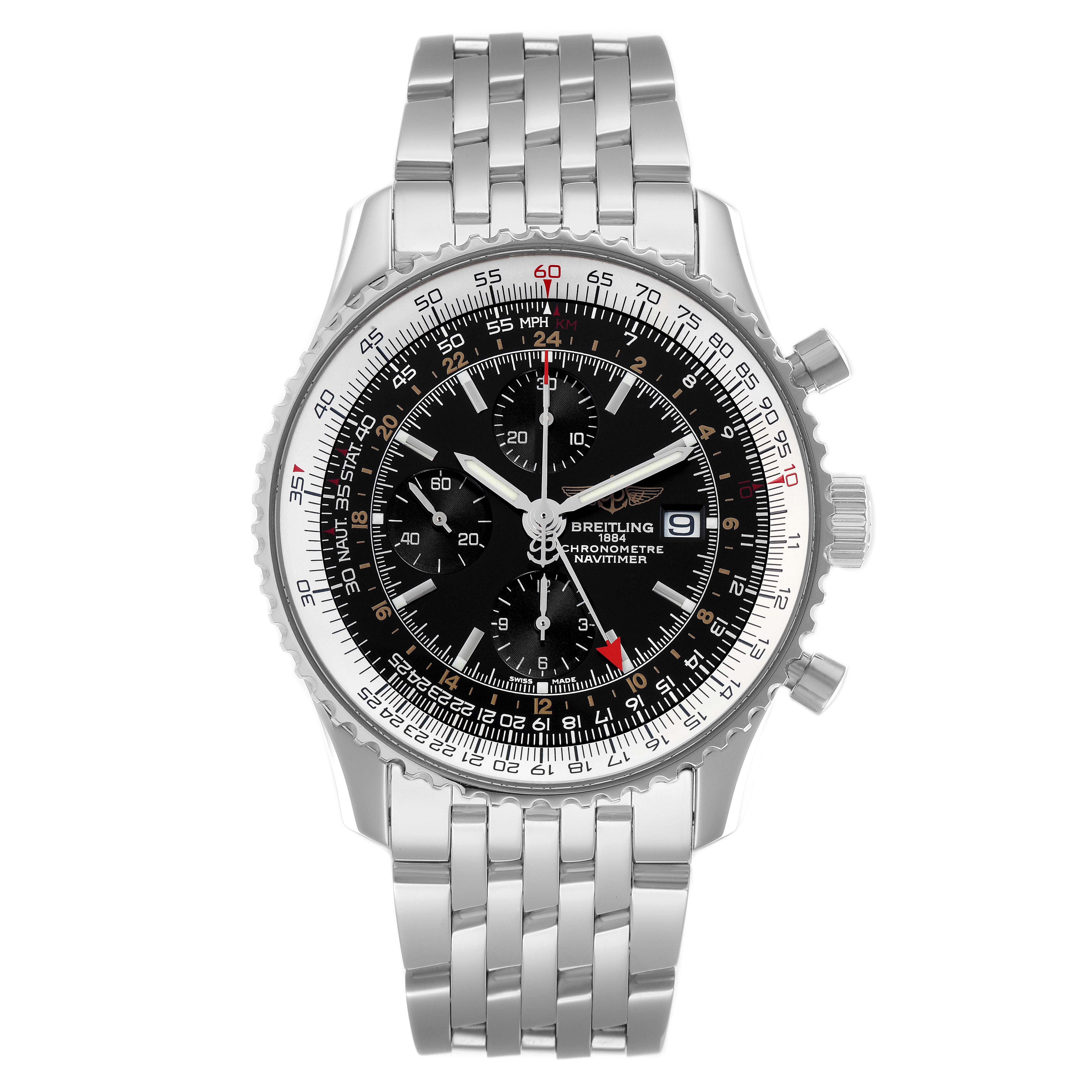The Breitling Navitimer A24322 Men
s Stainless Steel Black Dial watch is shown from a front angle, displaying the face, bezel, pushers, and bracelet.