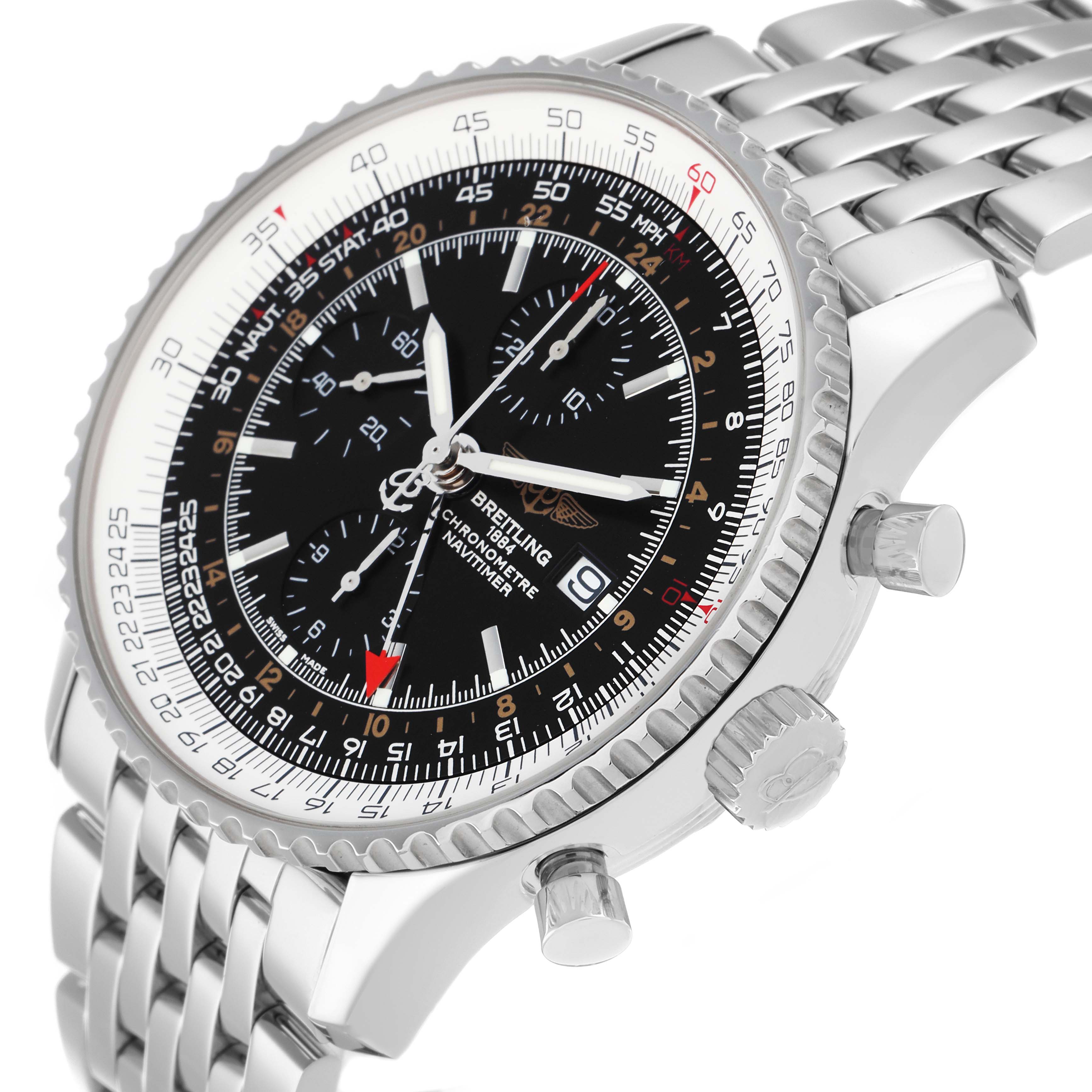 The Breitling Navitimer A24322 Men
s Stainless Steel Black Dial watch is shown at an angle highlighting the dial, bezel, crown, and stainless steel bracelet.