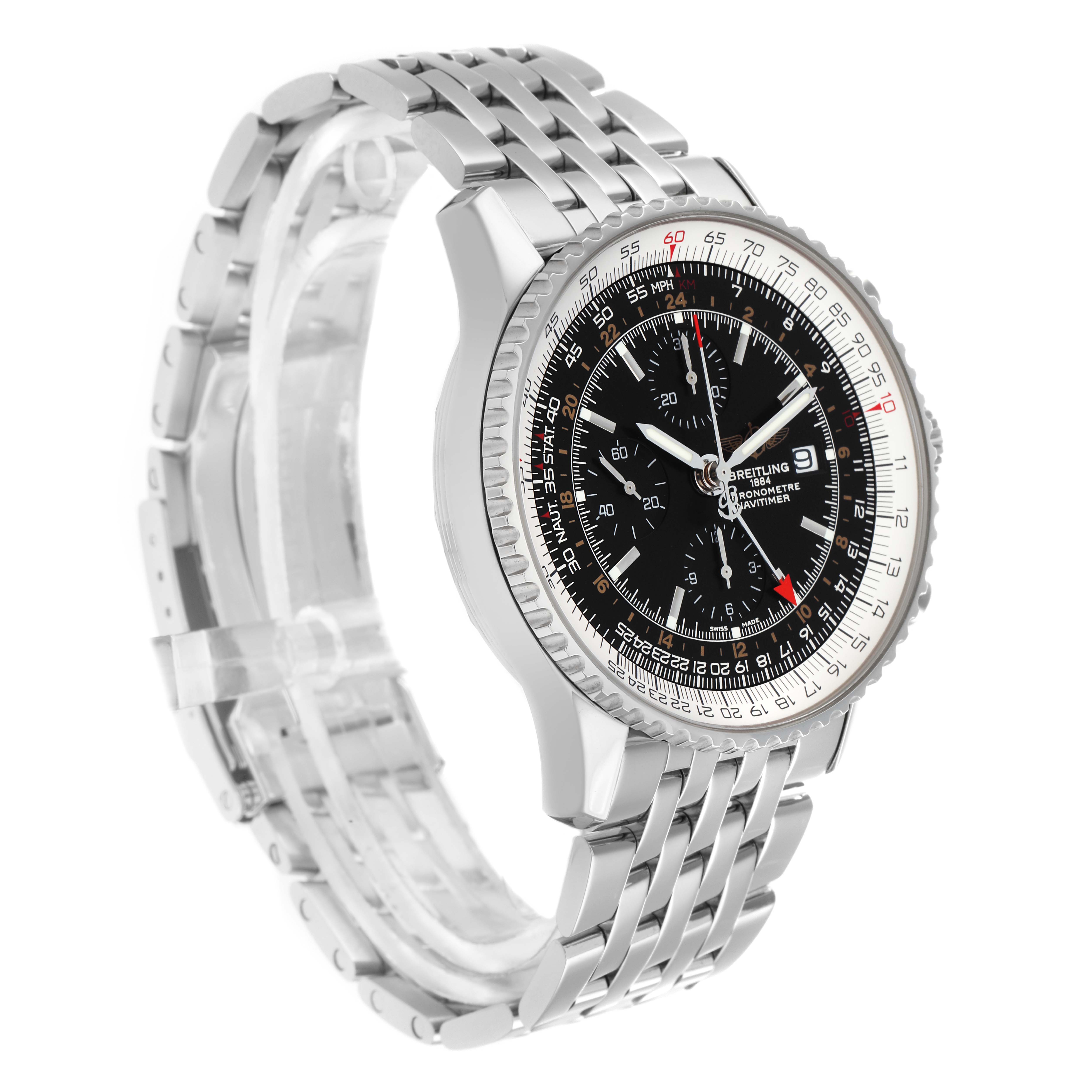 The image shows a Breitling Navitimer A24322 Men
s Stainless Steel Black Dial watch at an oblique angle, displaying the face, bezel, and metal bracelet.