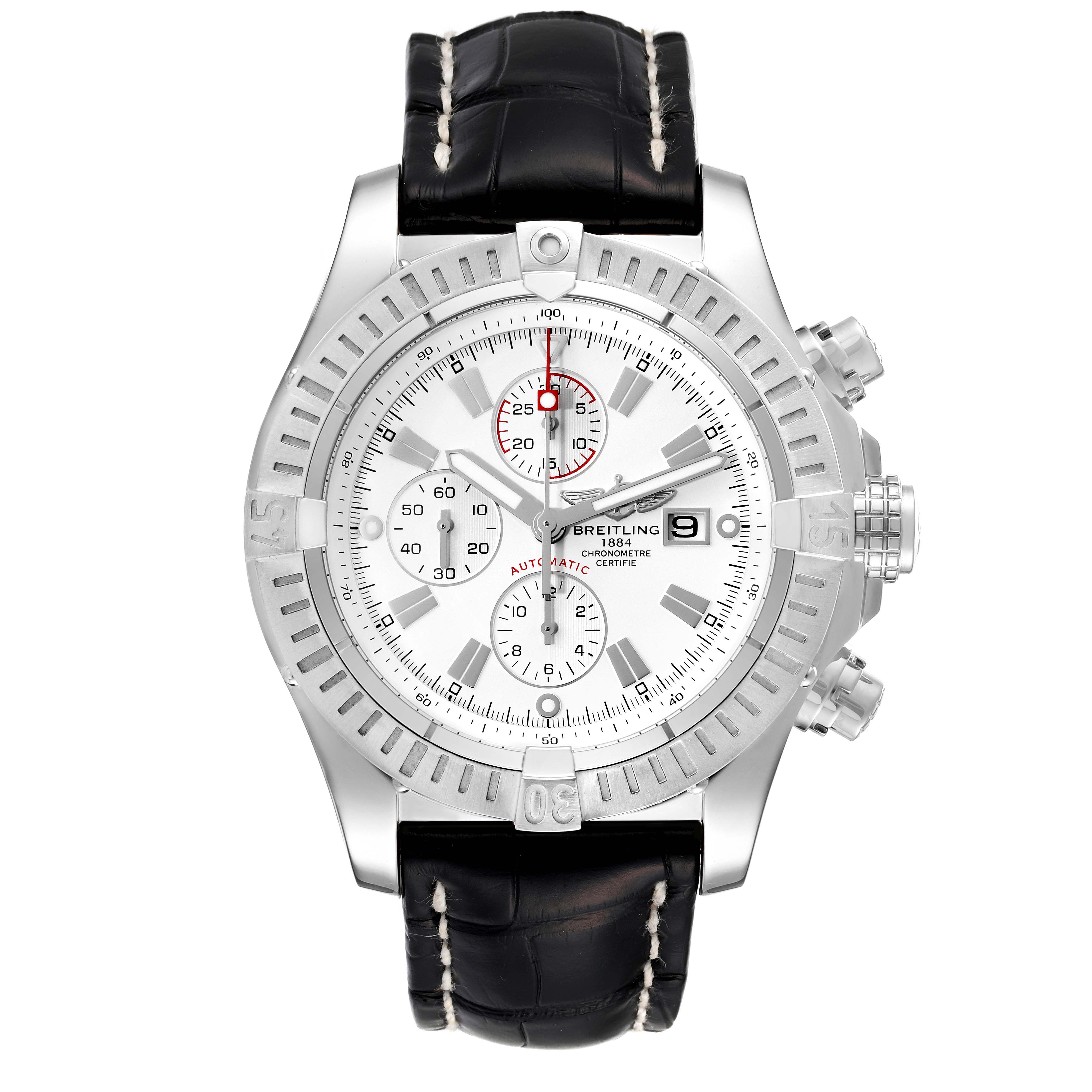 The image shows a front view of a Breitling Avenger A13370 Men's Stainless Steel White Dial A13370 Men's Stainless Steel White Dial watch with a black leather strap and a detailed silver bezel.