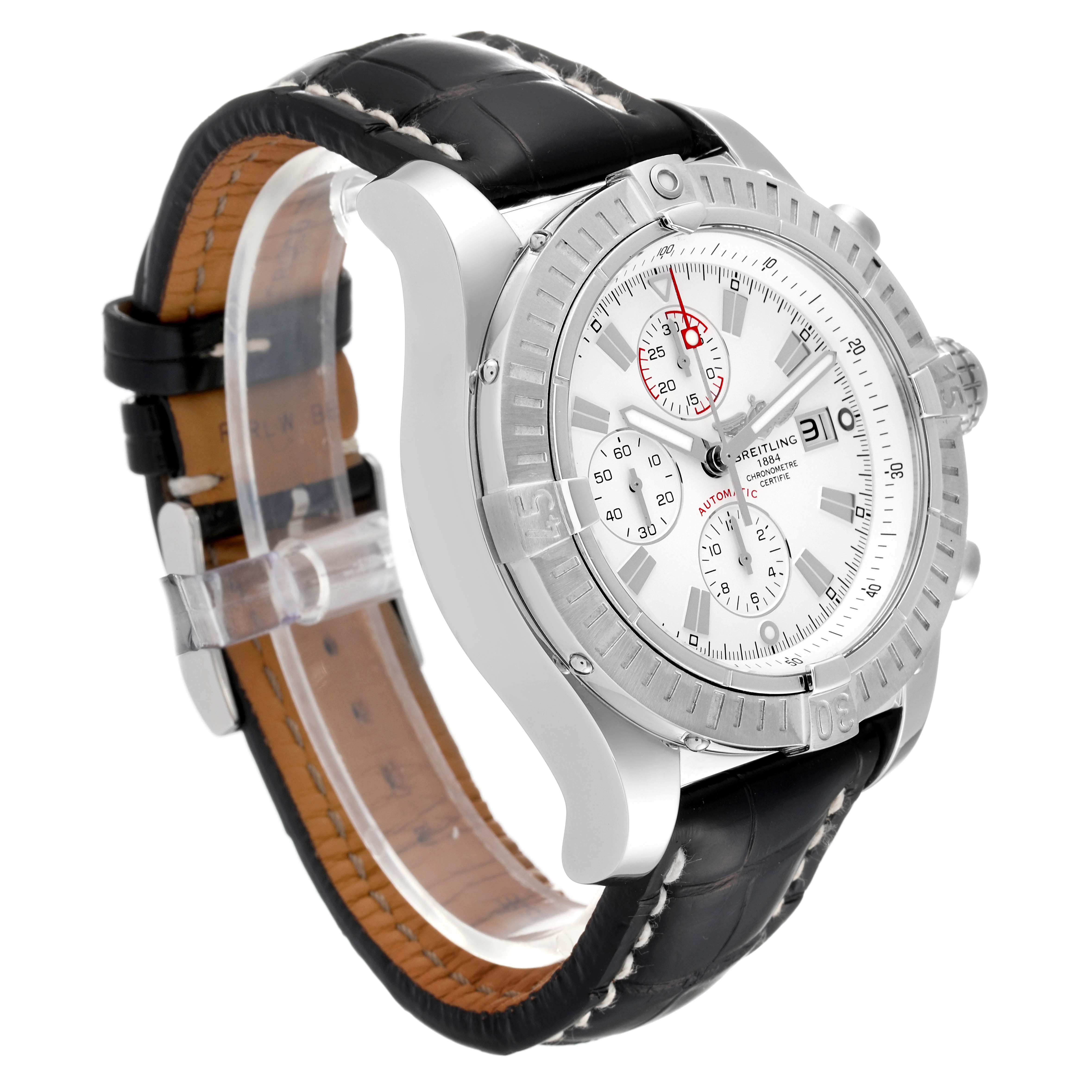 The image shows a Breitling Avenger A13370 Men's Stainless Steel White Dial A13370 Men's Stainless Steel White Dial watch from an angled side view, highlighting the bezel, face, and leather strap.