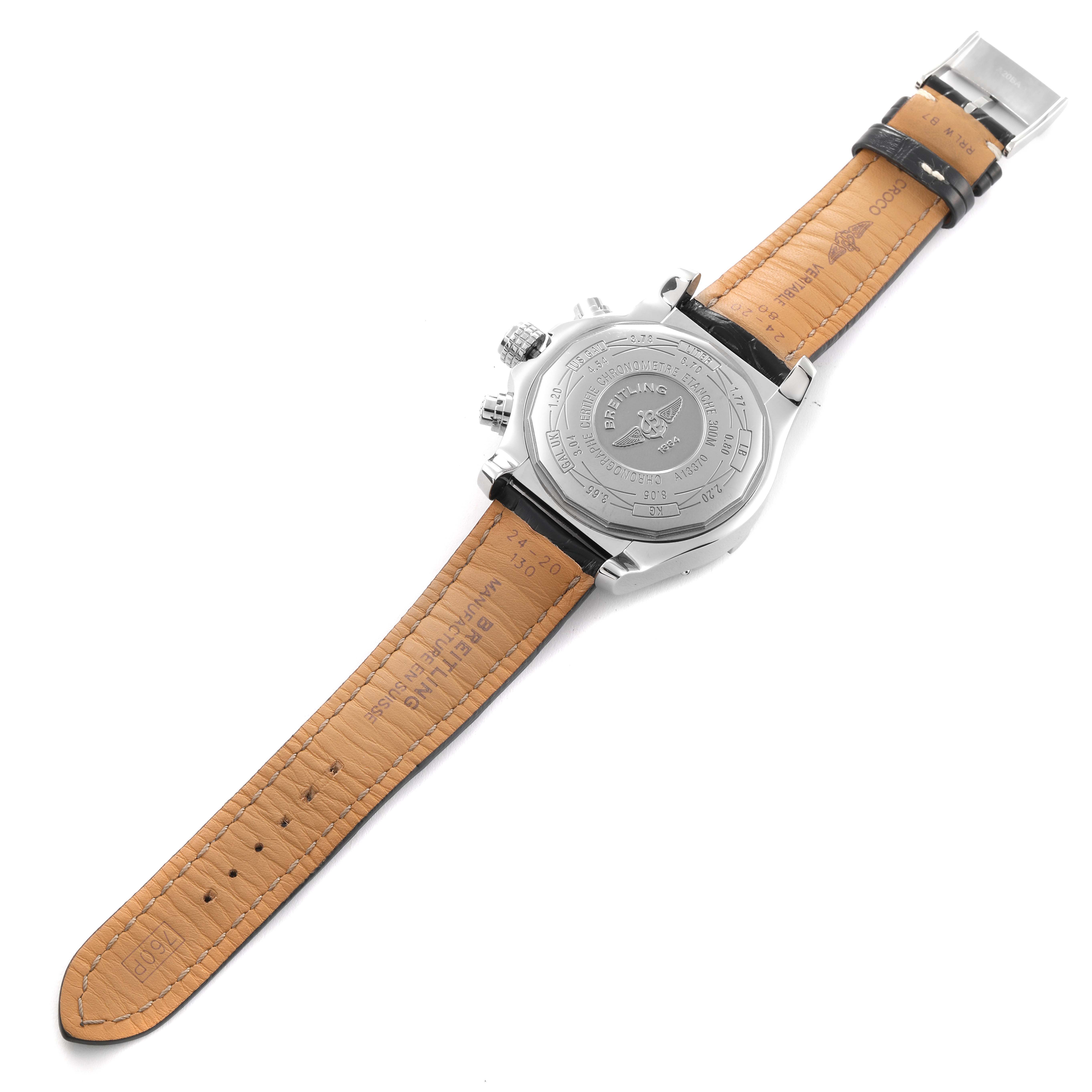 The image shows the back view of a Breitling Avenger A13370 Men's Stainless Steel White Dial A13370 Men's Stainless Steel White Dial watch, displaying its case back and leather strap.