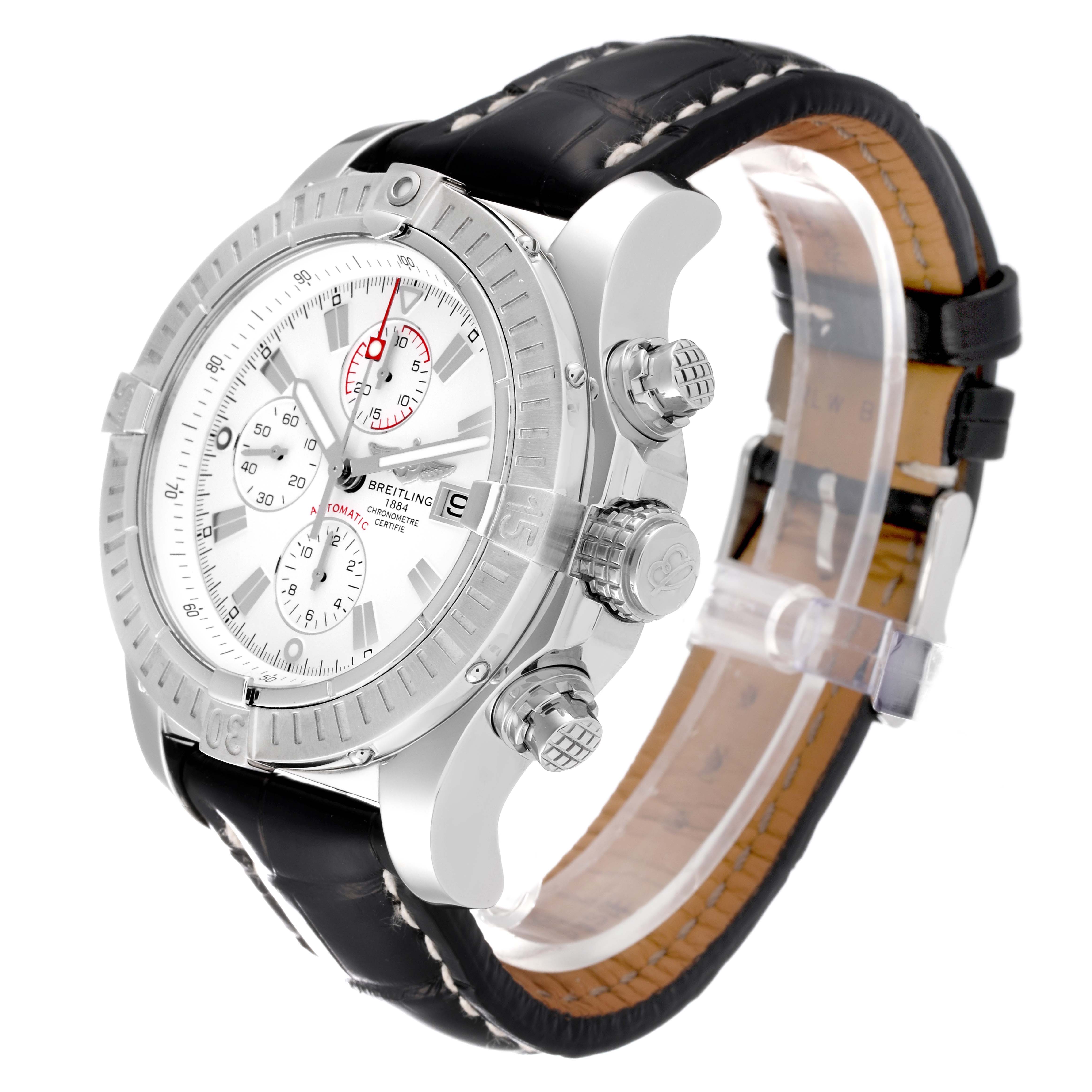 The Breitling Avenger A13370 Men's Stainless Steel White Dial A13370 Men's Stainless Steel White Dial watch is shown at an angle, displaying the dial, bezel, chronograph buttons, and leather strap.