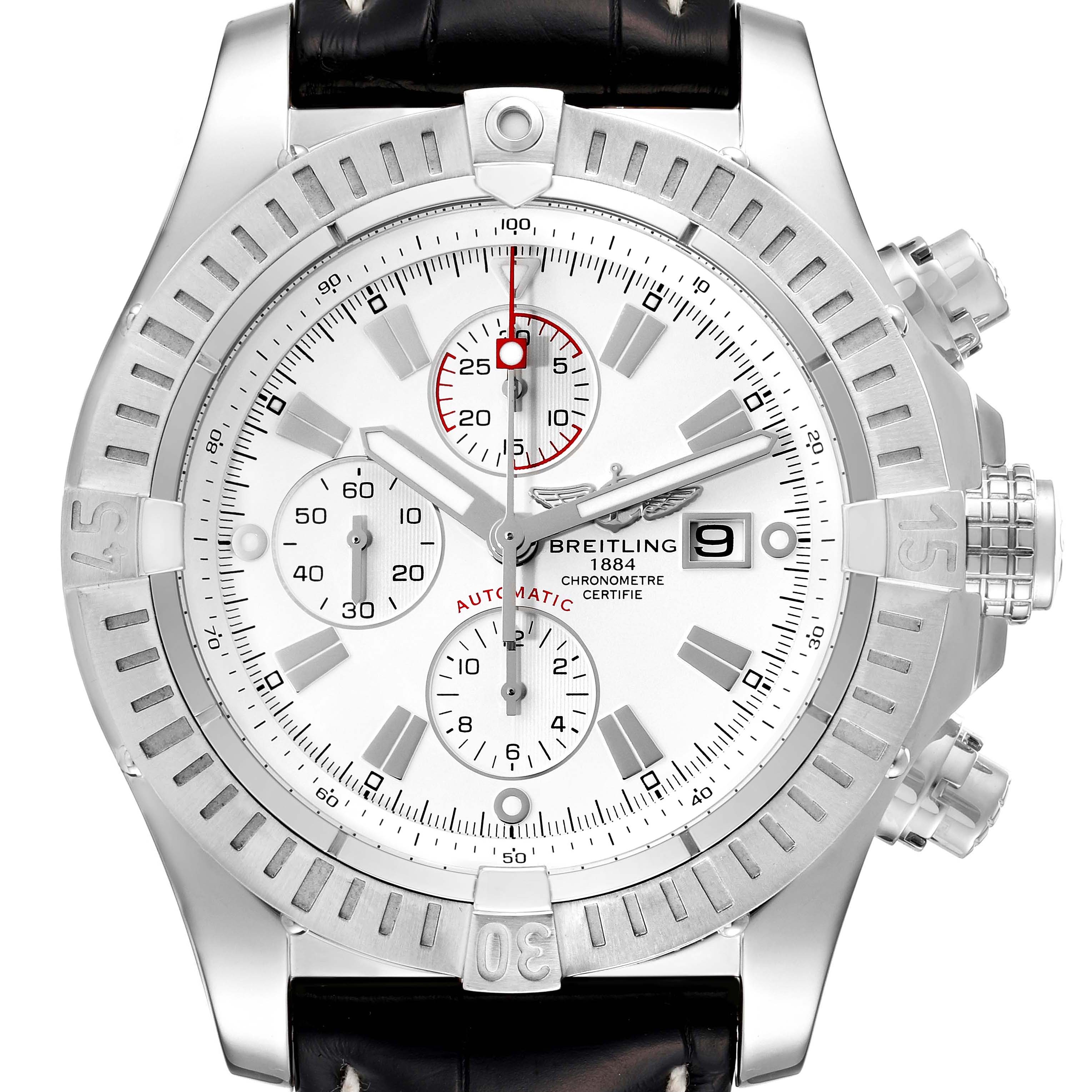 The image shows a front view of the Breitling Avenger A13370 Men's Stainless Steel White Dial A13370 Men's Stainless Steel White Dial watch, highlighting the dial, bezel, and chronographs.
