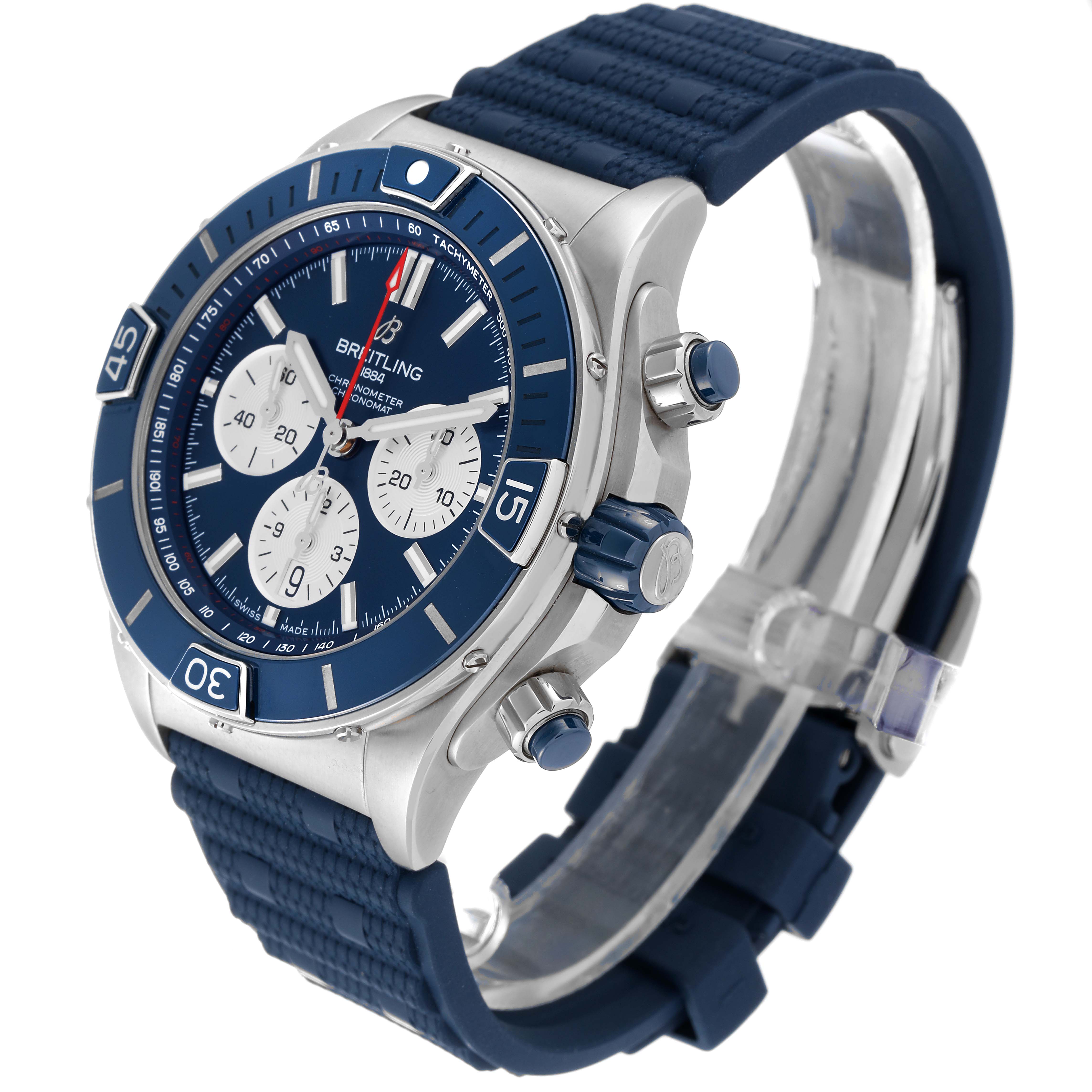 The image shows a Breitling Chronomat AB0136251B1A2 Men's Stainless Steel Blue Dial AB0136251B1A2 Men's Stainless Steel Blue Dial watch at a three-quarter angle, highlighting the dial, bezel, pushers, and strap.