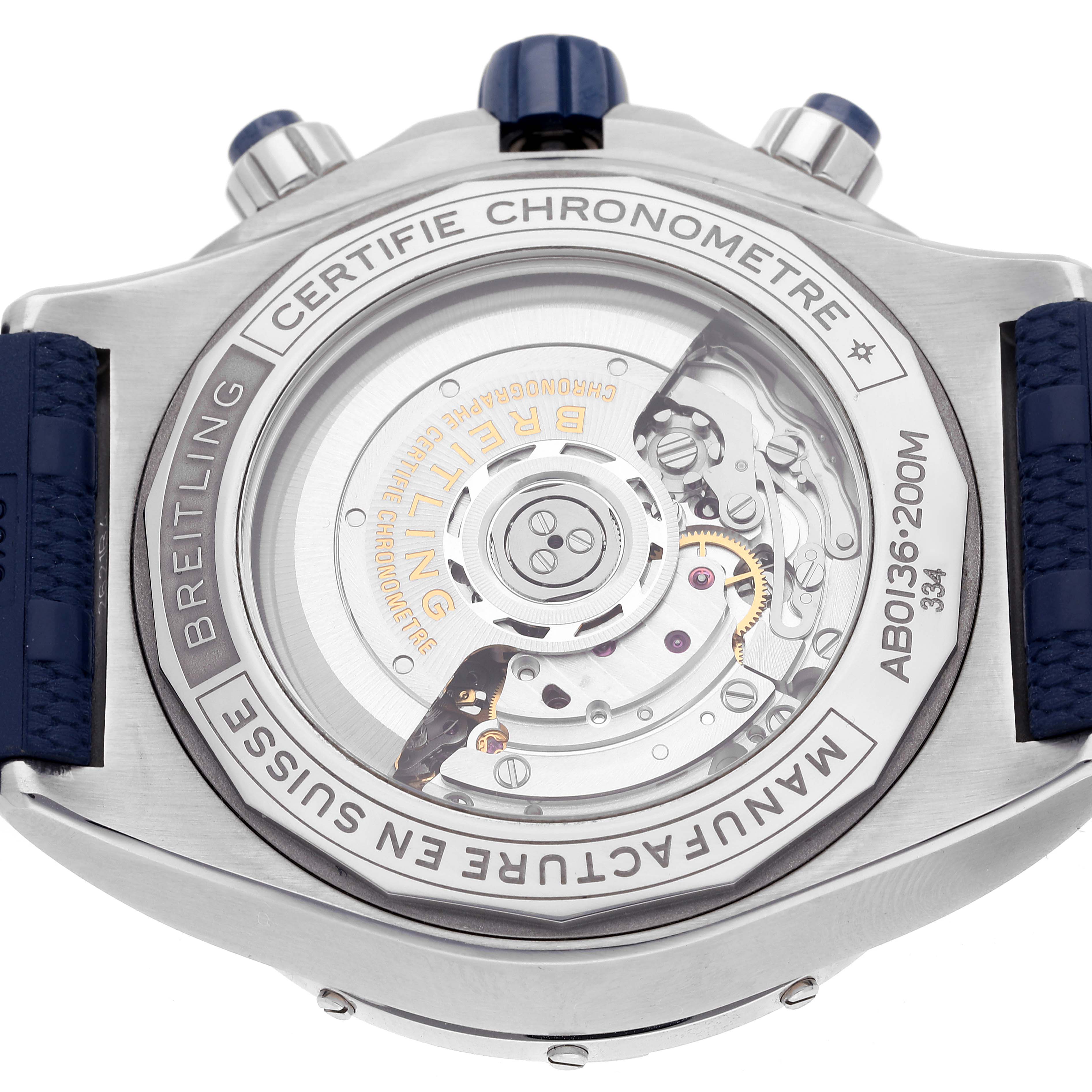 This image shows the back view of the Breitling Chronomat AB0136251B1A2 Men's Stainless Steel Blue Dial AB0136251B1A2 Men's Stainless Steel Blue Dial watch, highlighting the watch's movement and rotor.