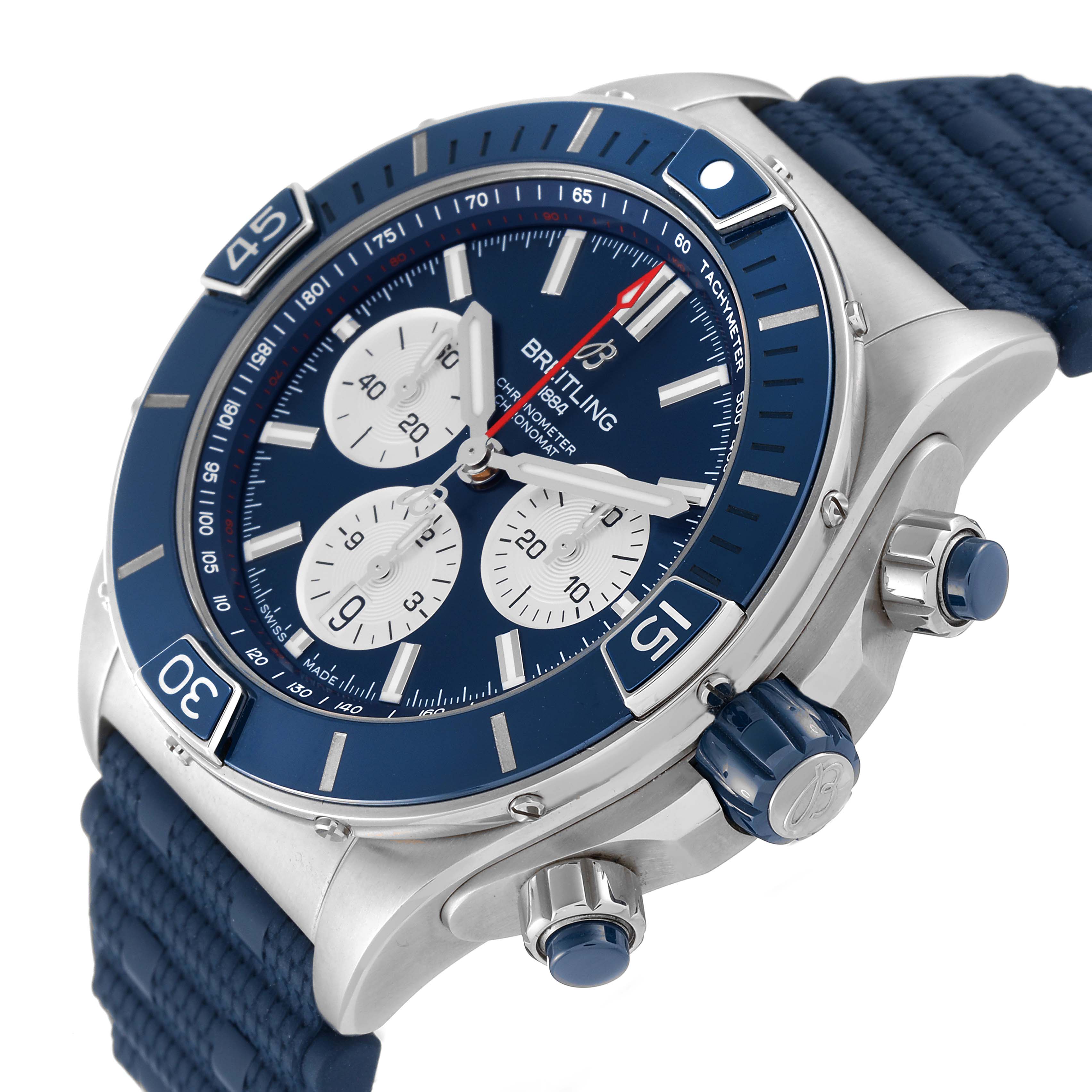 The image shows a side angle of a Breitling Chronomat AB0136251B1A2 Men's Stainless Steel Blue Dial AB0136251B1A2 Men's Stainless Steel Blue Dial watch, highlighting its blue dial, bezel, and pushers.