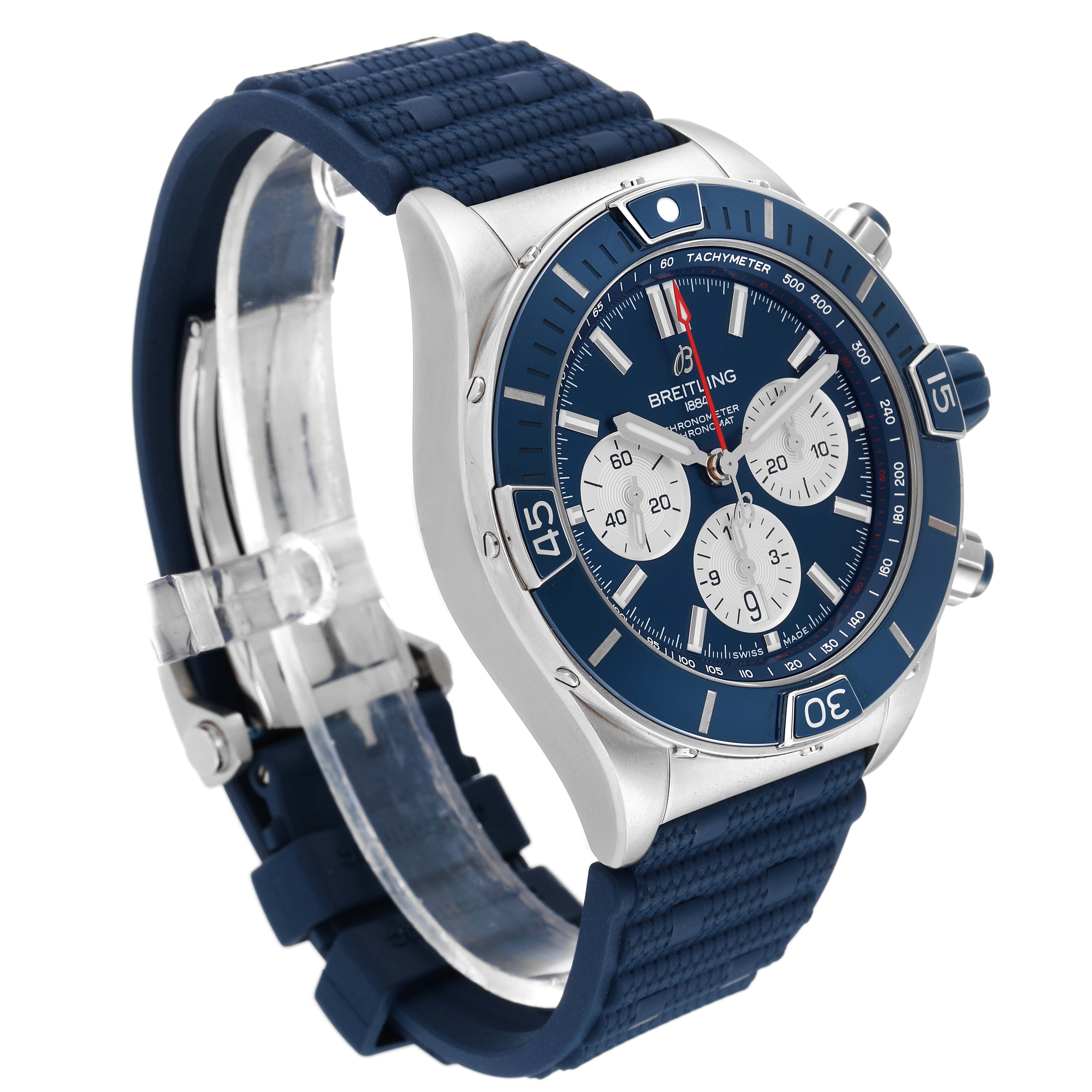 The image shows a side angle view of the Breitling Chronomat AB0136251B1A2 Men's Stainless Steel Blue Dial AB0136251B1A2 Men's Stainless Steel Blue Dial watch, displaying the face, band, bezel, and pushers.