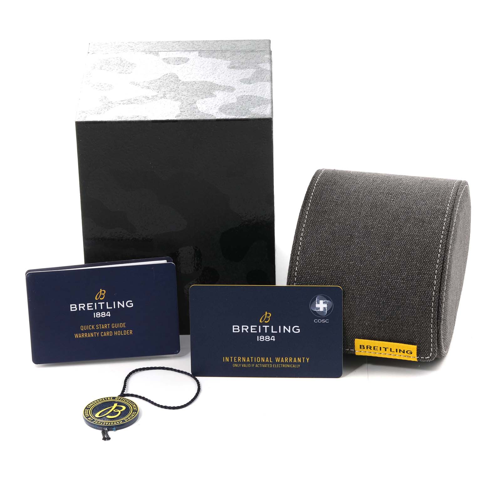The image shows accessories for the Breitling Chronomat AB0136251B1A2 Men's Stainless Steel Blue Dial AB0136251B1A2 Men's Stainless Steel Blue Dial model, including a box, a case, warranty cards, a guide, and a tag.