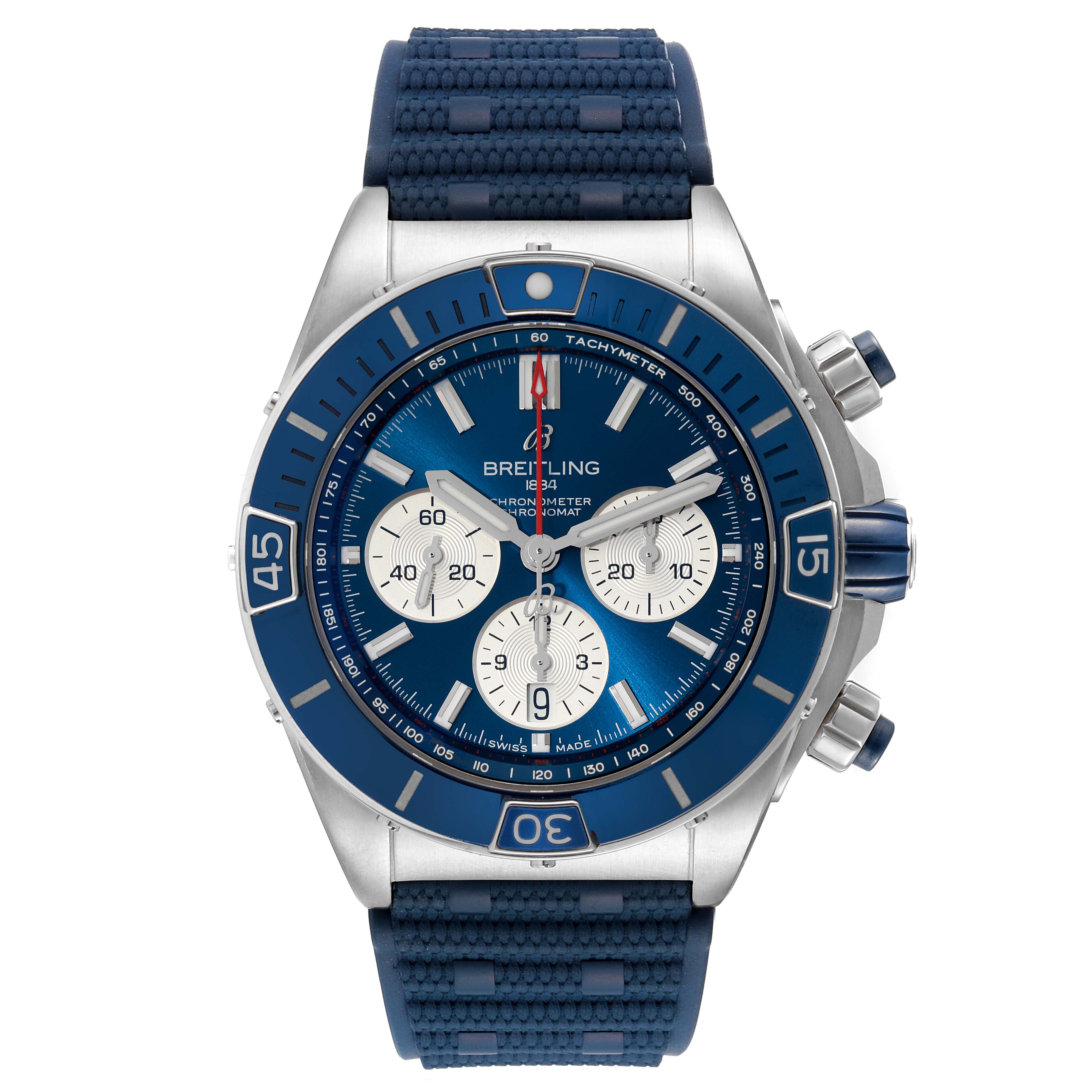 The Breitling Chronomat AB0136251B1A2 Men's Stainless Steel Blue Dial AB0136251B1A2 Men's Stainless Steel Blue Dial watch is shown from a front angle, displaying its dial, bezel, and wrist strap.