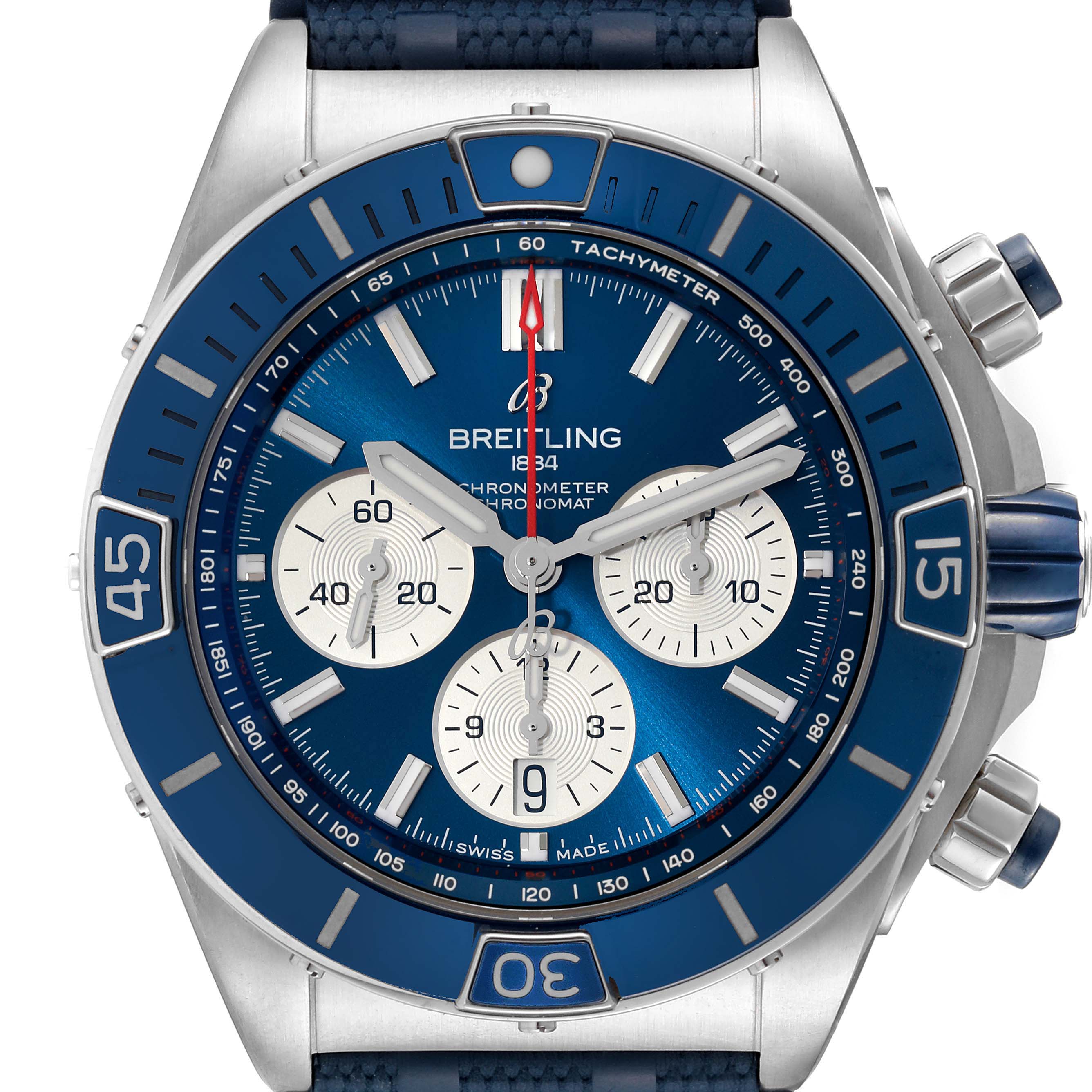 This image shows a front view of the Breitling Chronomat AB0136251B1A2 Men's Stainless Steel Blue Dial AB0136251B1A2 Men's Stainless Steel Blue Dial watch, displaying its face, bezel, and chronograph subdials.