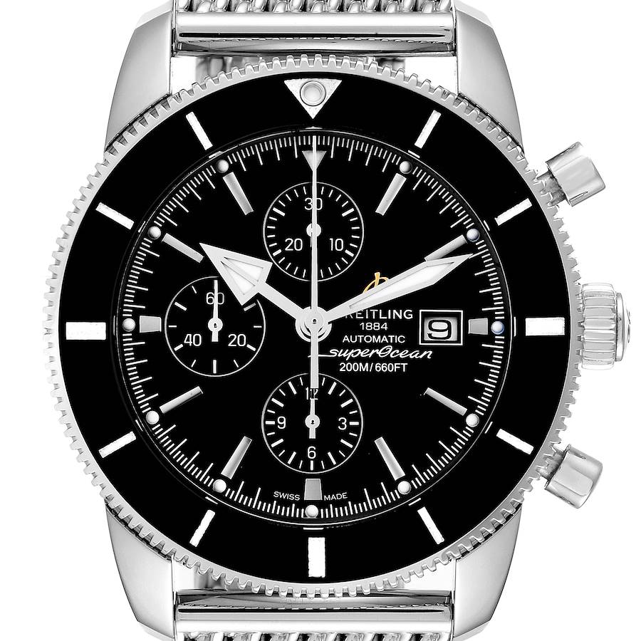 The Breitling Superocean A13312 Men's Stainless Steel Black Dial watch is shown from a front angle, displaying the dial, bezel, crown, and part of the bracelet.
