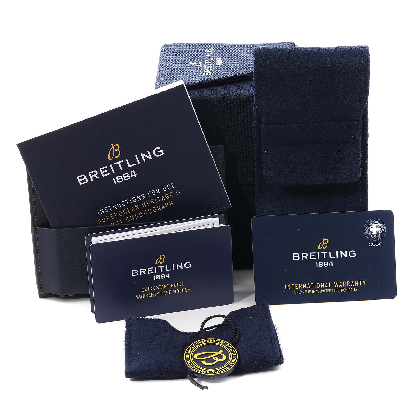 The image shows the packaging, manuals, warranty card, and accessories for the Breitling Superocean AB0162 Men's Stainless Steel Silver Dial AB0162 Men's Stainless Steel Silver Dial model.