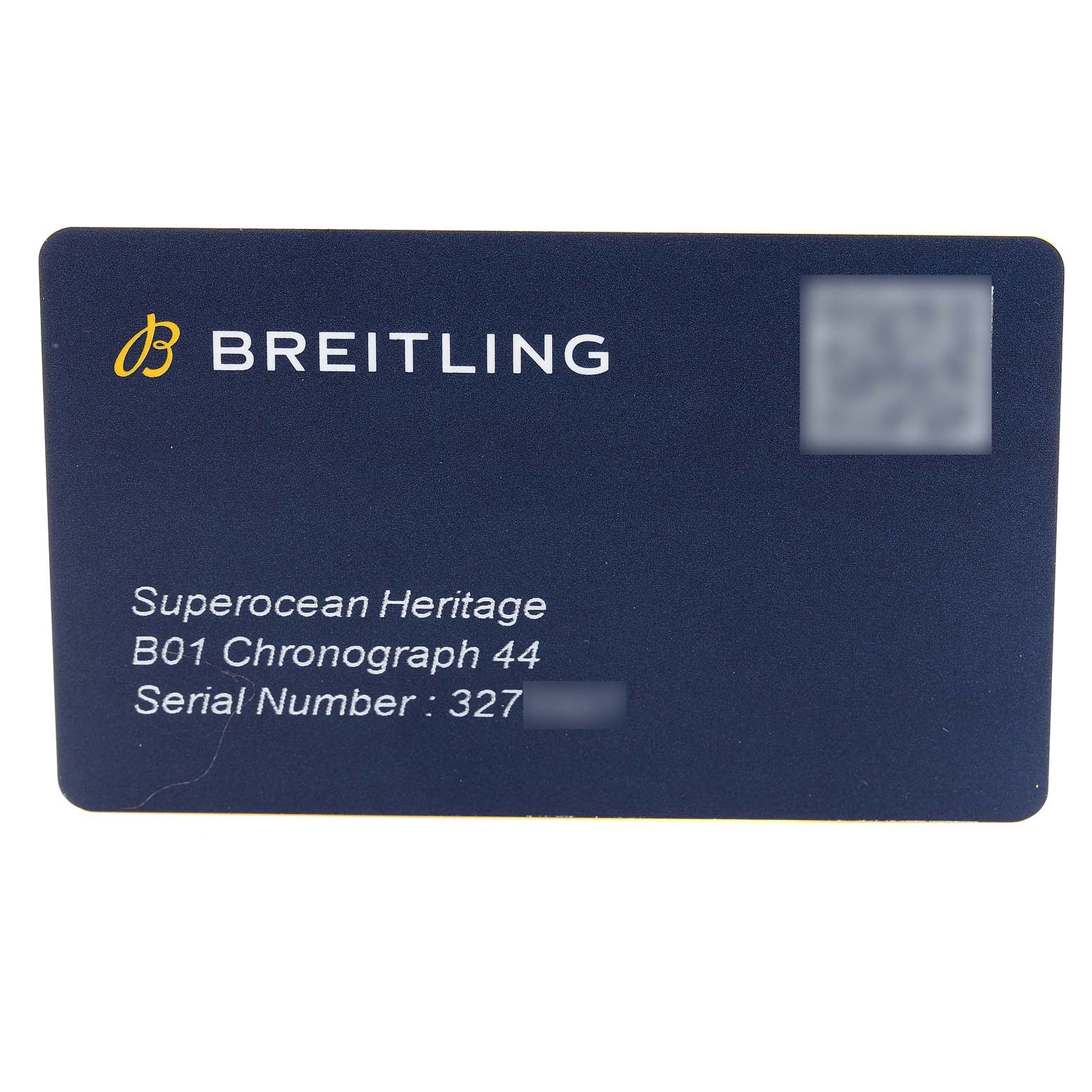 The image shows a verification card for the Breitling Superocean AB0162 Men's Stainless Steel Silver Dial AB0162 Men's Stainless Steel Silver Dial Heritage B01 Chronograph 44 watch.