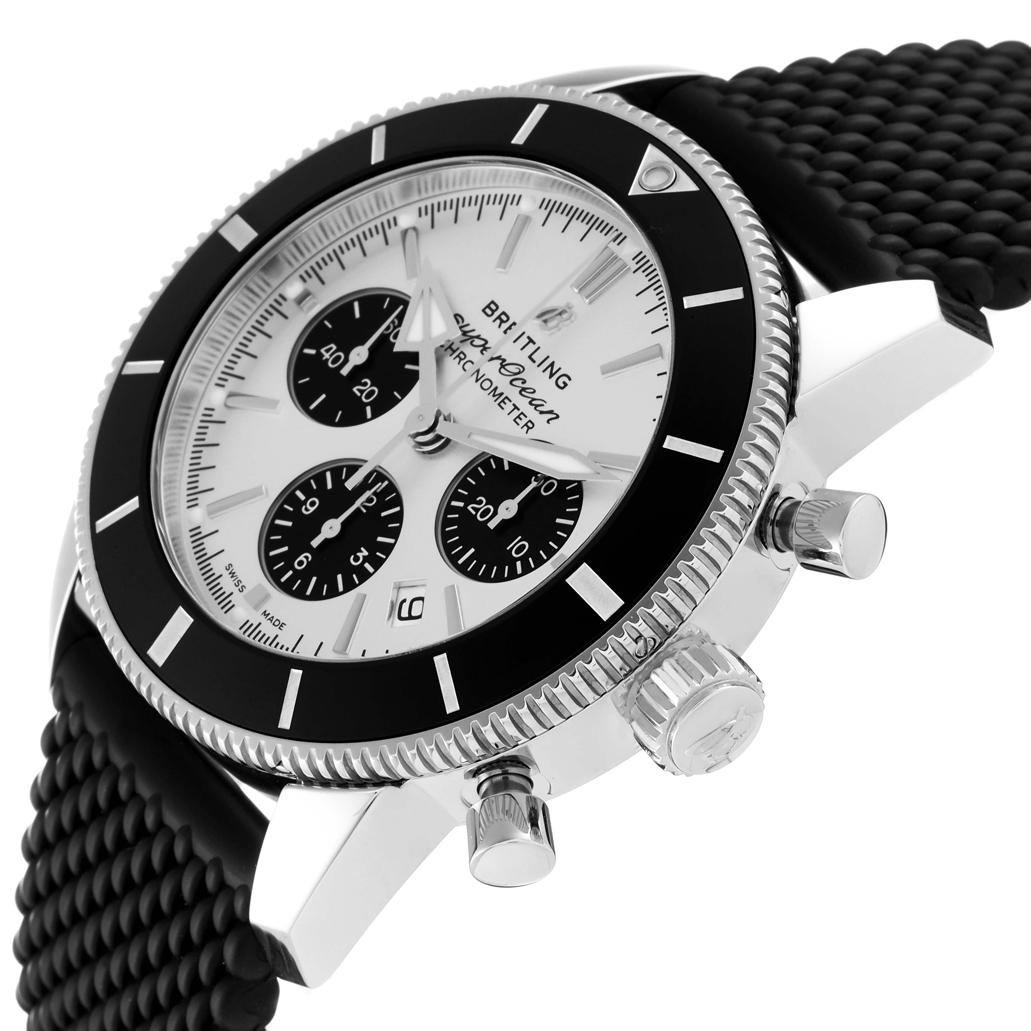 The image shows a close-up angle of the Breitling Superocean AB0162 Men's Stainless Steel Silver Dial AB0162 Men's Stainless Steel Silver Dial watch, highlighting the dial, bezel, crown, and pushers.