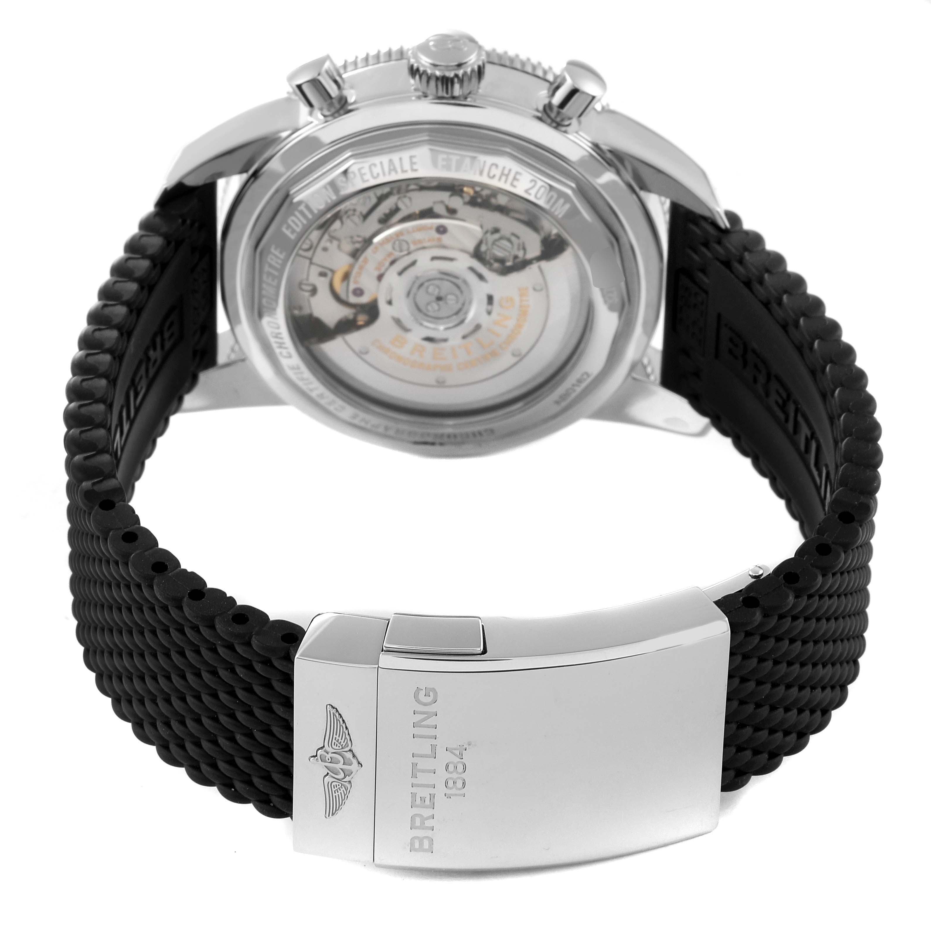 This Breitling Superocean AB0162 Men's Stainless Steel Silver Dial AB0162 Men's Stainless Steel Silver Dial watch is shown from the back, highlighting its clasp, case back, and movement.