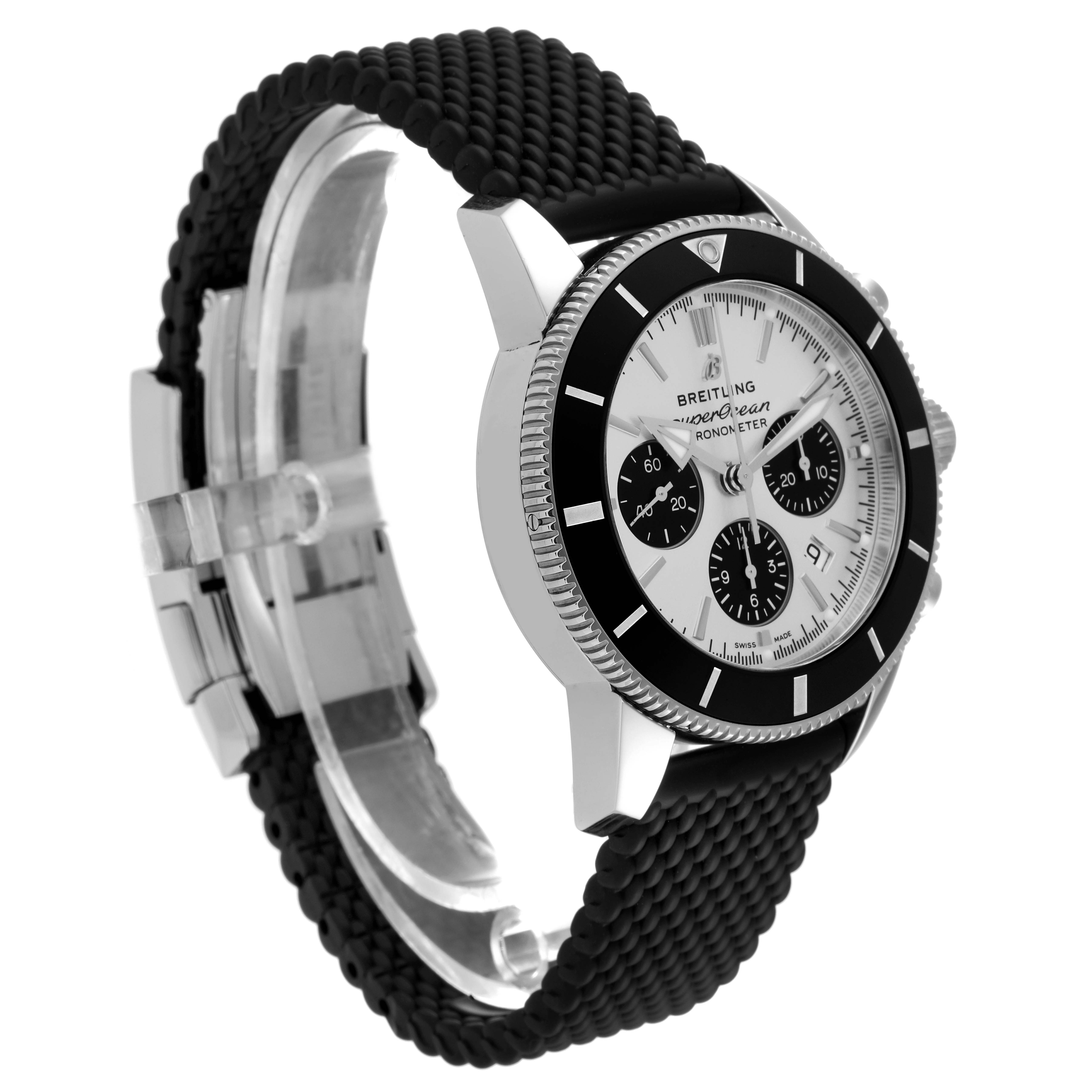 The image shows a Breitling Superocean AB0162 Men's Stainless Steel Silver Dial AB0162 Men's Stainless Steel Silver Dial watch at a slight angle, highlighting its face, bezel, and band.