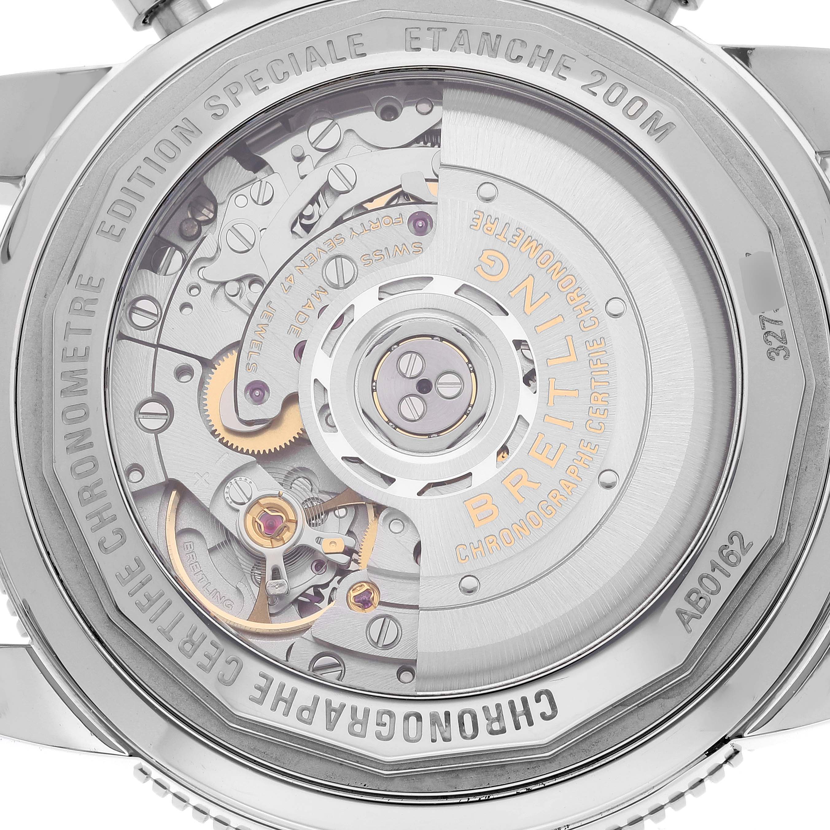 The image shows the back view of a Breitling Superocean AB0162 Men's Stainless Steel Silver Dial AB0162 Men's Stainless Steel Silver Dial watch, revealing its intricate internal mechanism.