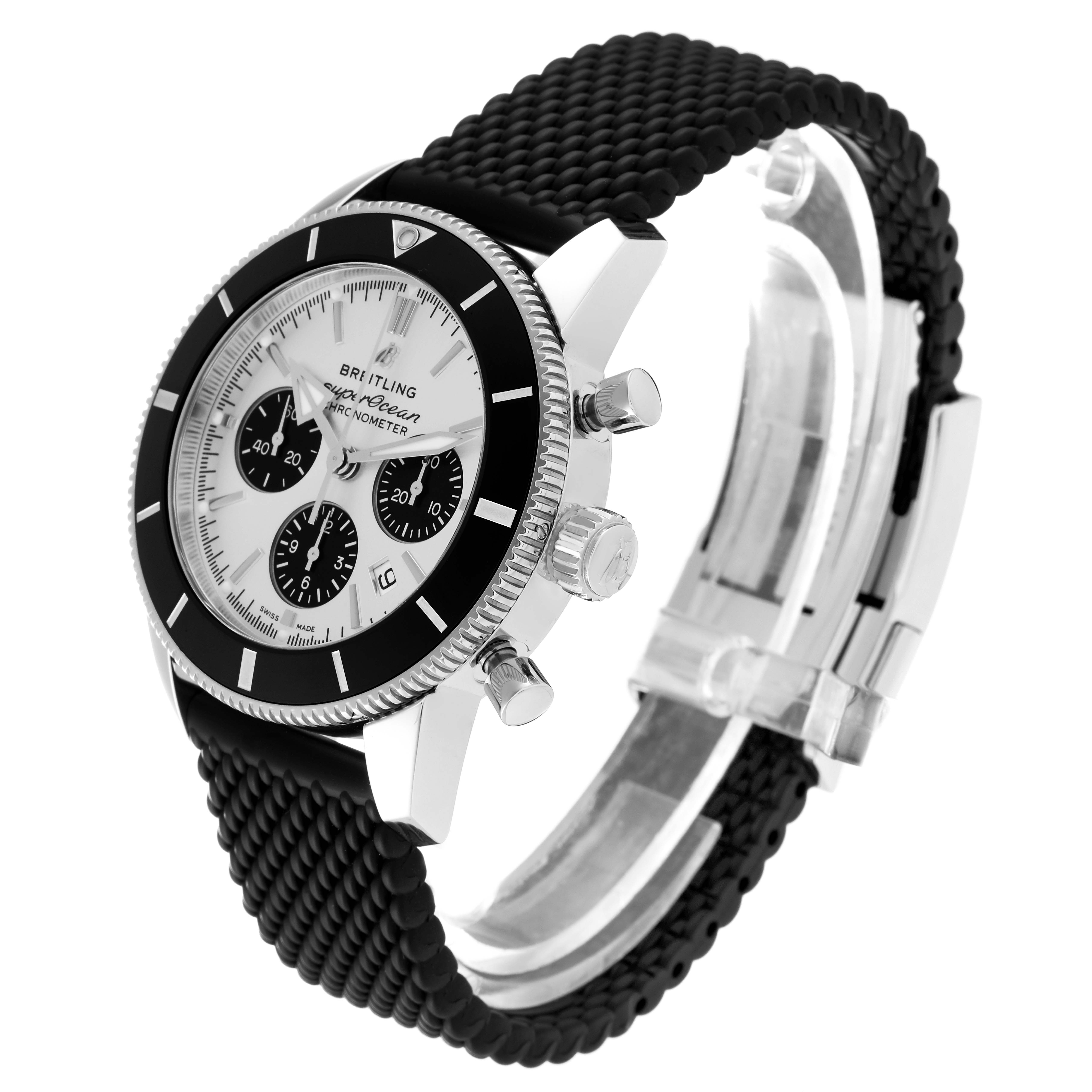 The image shows a Breitling Superocean AB0162 Men's Stainless Steel Silver Dial AB0162 Men's Stainless Steel Silver Dial watch at an oblique angle, highlighting its face, bezel, and strap.