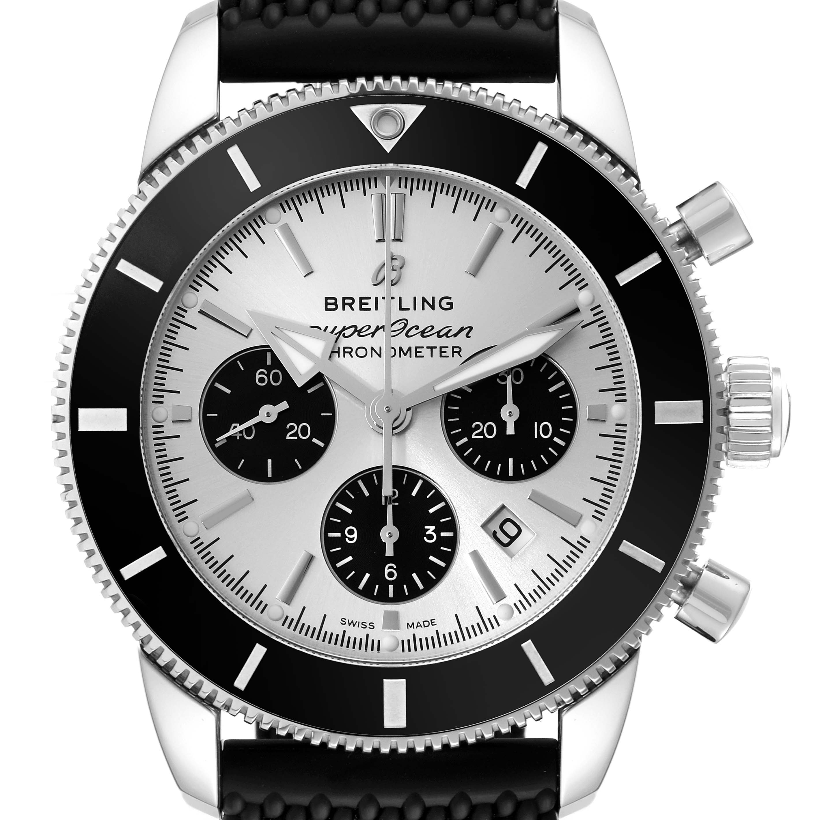 The Breitling Superocean AB0162 Men's Stainless Steel Silver Dial AB0162 Men's Stainless Steel Silver Dial watch is shown from a front angle, displaying the dial, buttons, bezel, and part of the strap.