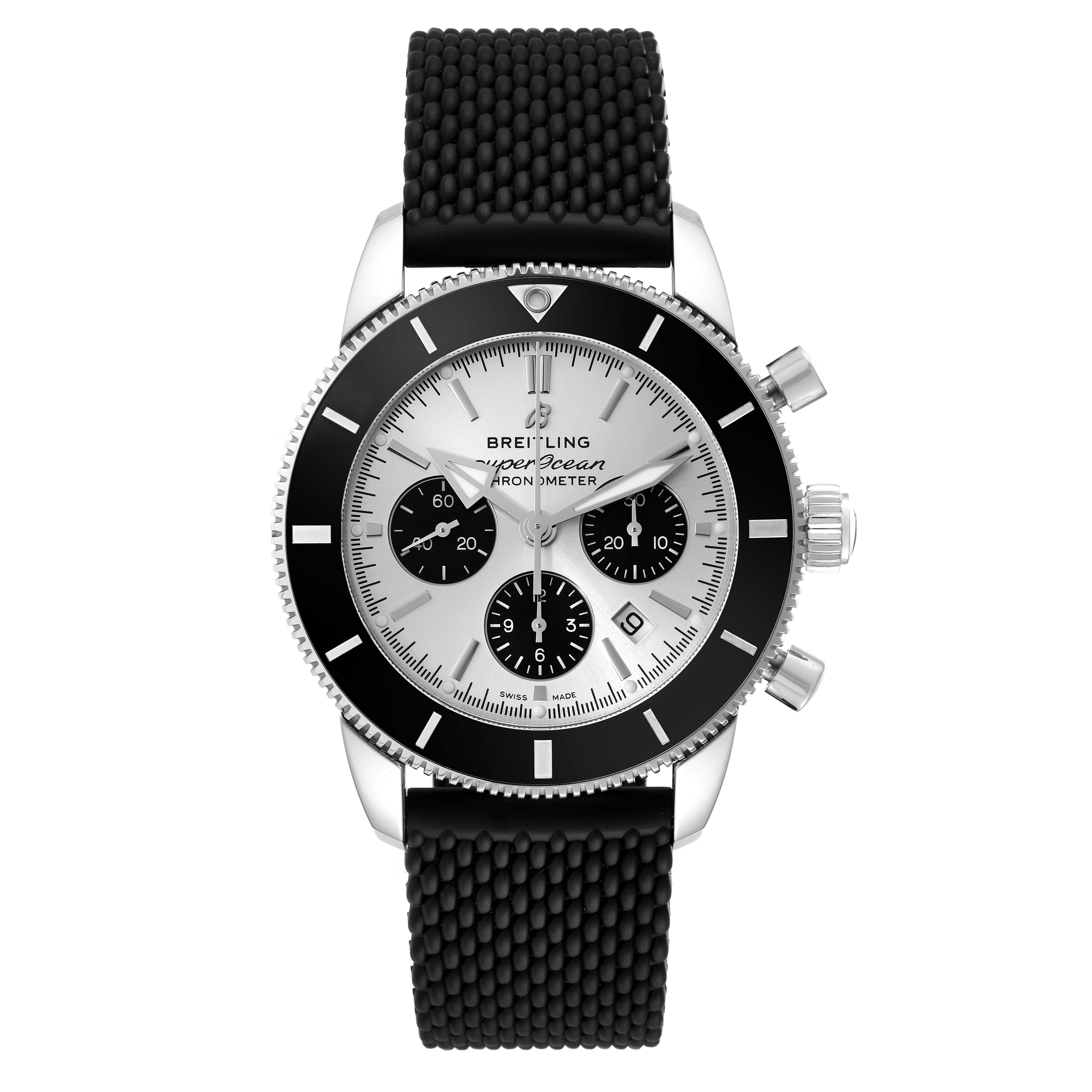 The image shows a front view of the Breitling Superocean AB0162 Men's Stainless Steel Silver Dial AB0162 Men's Stainless Steel Silver Dial watch, highlighting the dial, bezel, and rubber strap.
