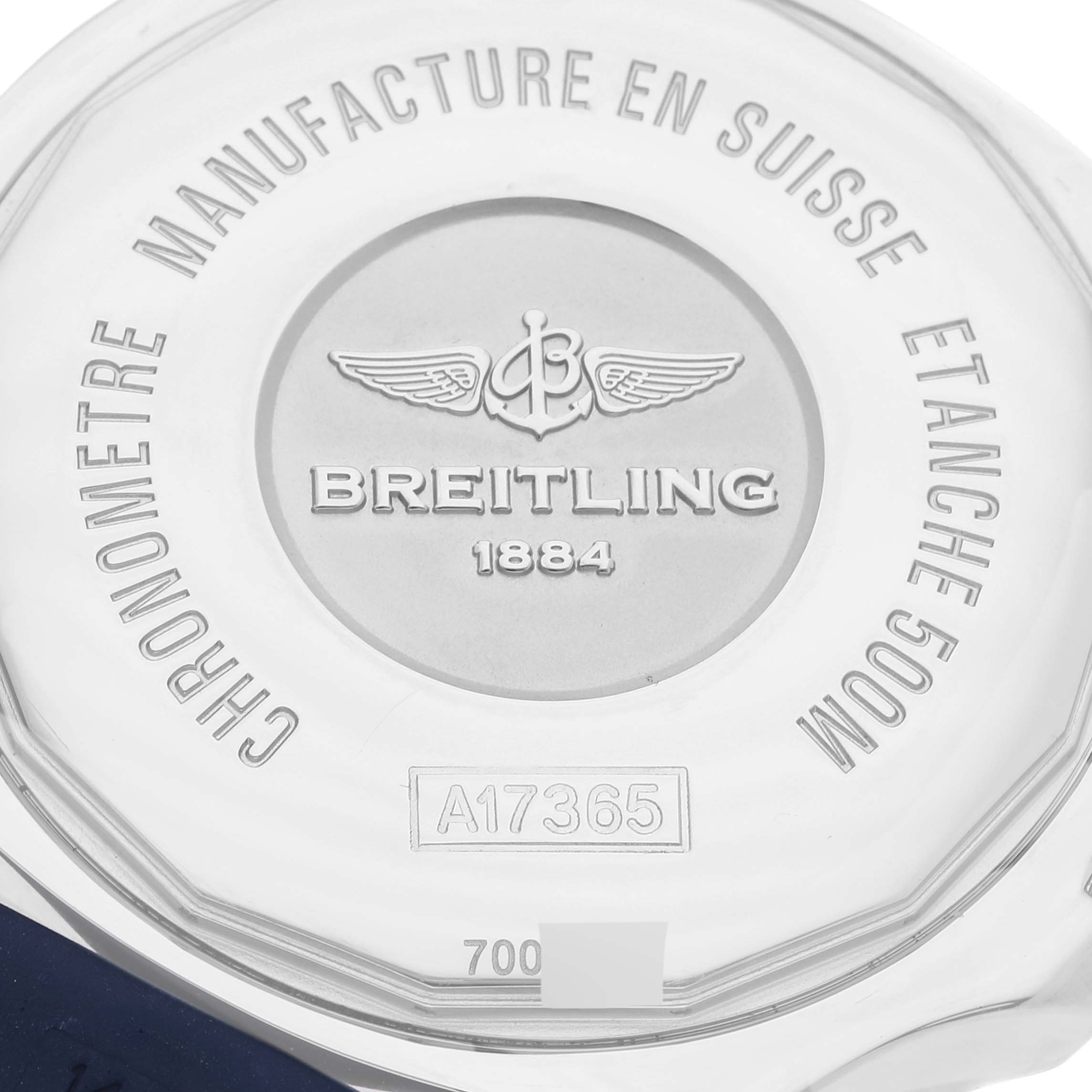 The image shows the back case of the Breitling Superocean A17365 Men's Stainless Steel Blue Dial A17365 Men's Stainless Steel Blue Dial watch, highlighting the brand name, logo, and model number A17365.