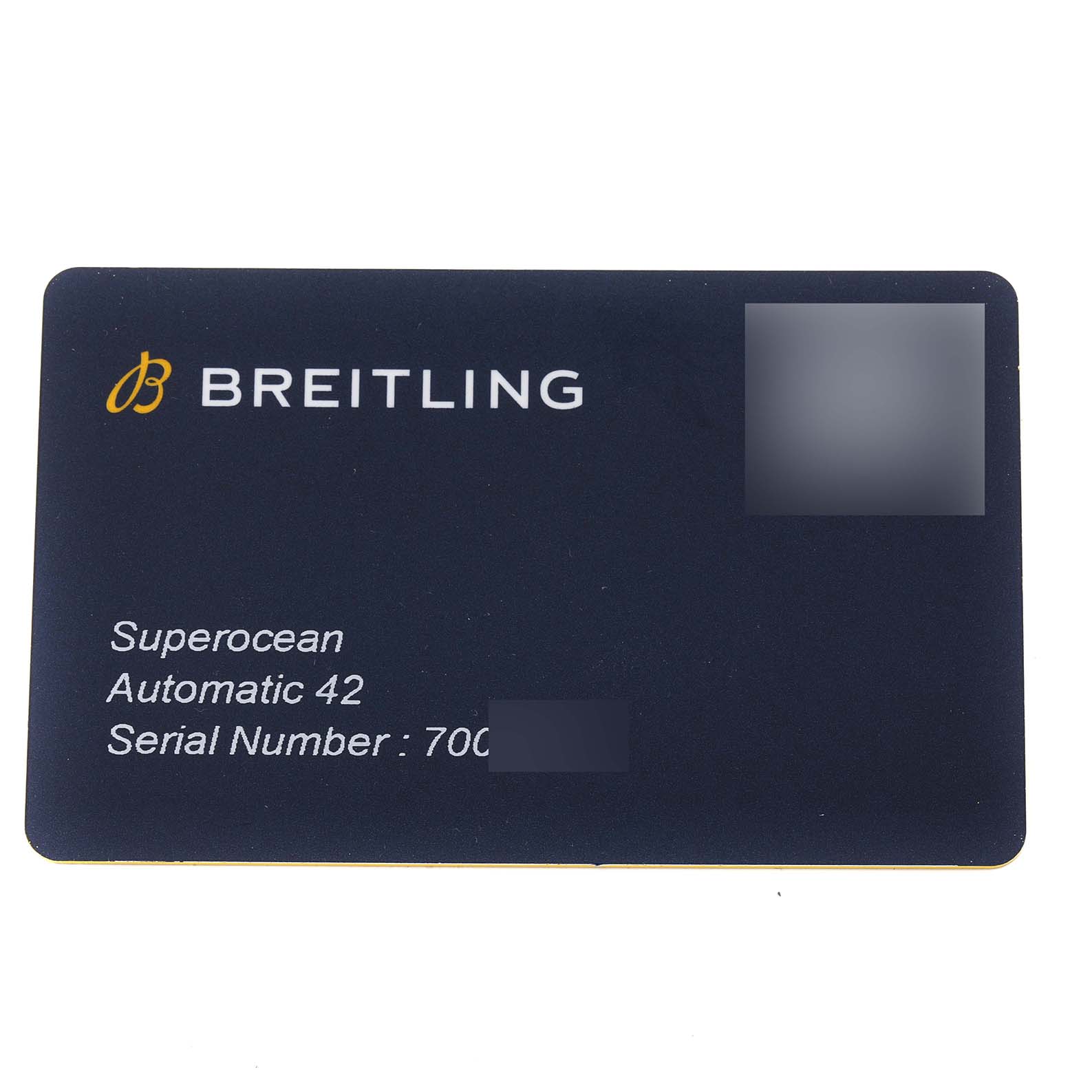 The image shows a warranty card for a Breitling Superocean A17365 Men's Stainless Steel Blue Dial A17365 Men's Stainless Steel Blue Dial Automatic 42 watch, including the serial number.