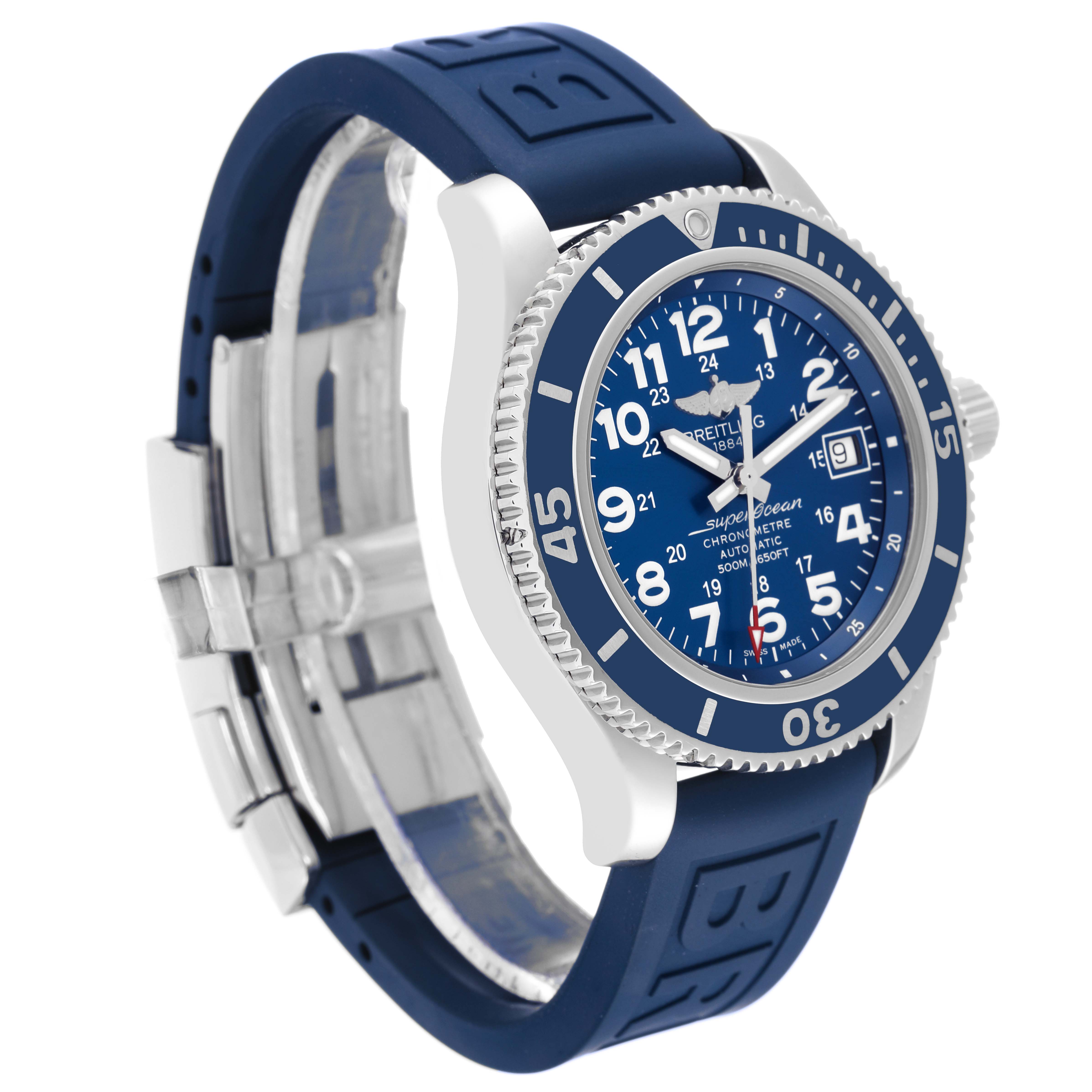 The image shows a Breitling Superocean A17365 Men's Stainless Steel Blue Dial A17365 Men's Stainless Steel Blue Dial watch angled from the front right, highlighting the blue dial, bezel, and rubber strap.